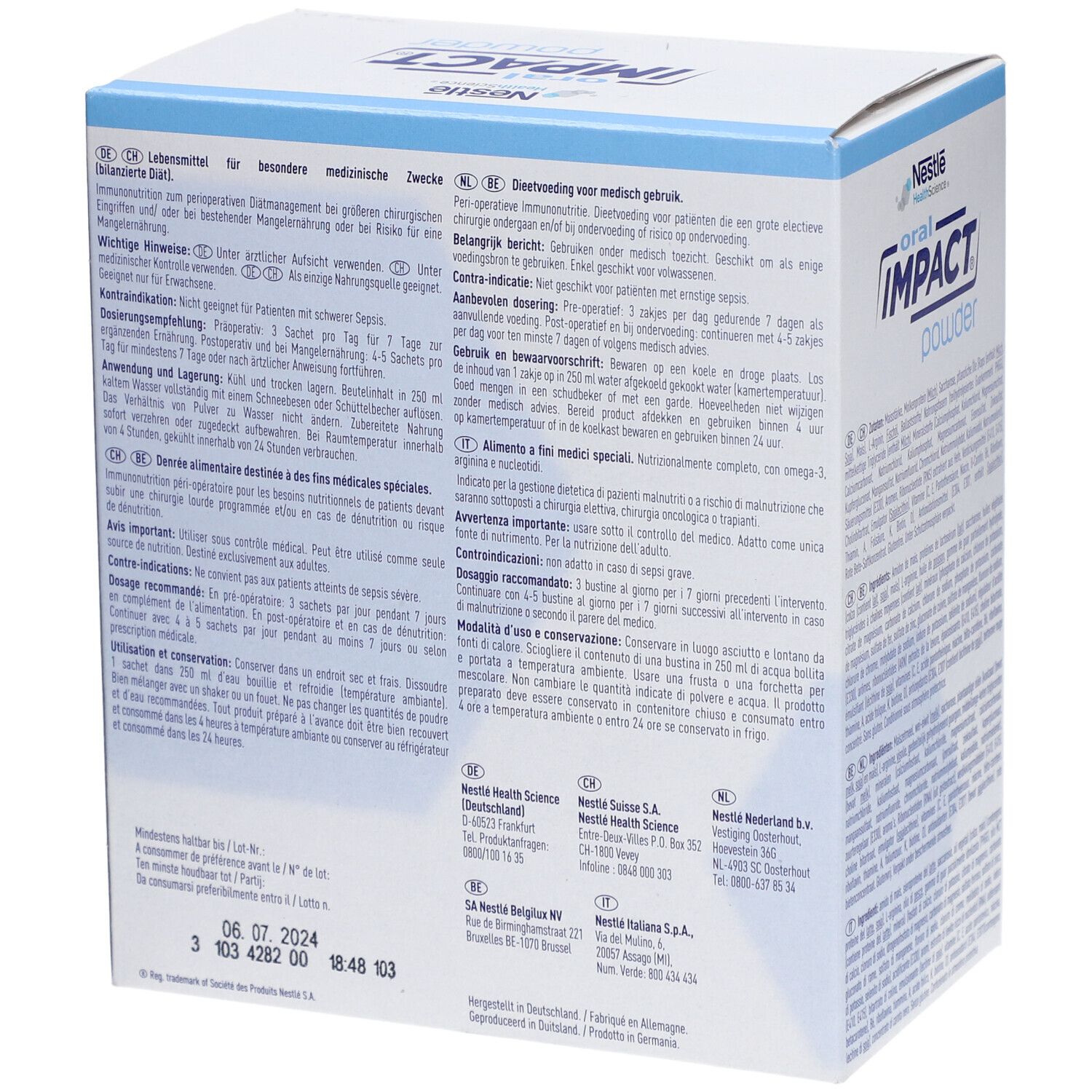 Dos de l'emballage de poudre NESTLE Oral Impact®. Texte multilingue. Informations d'utilisation et de stockage.