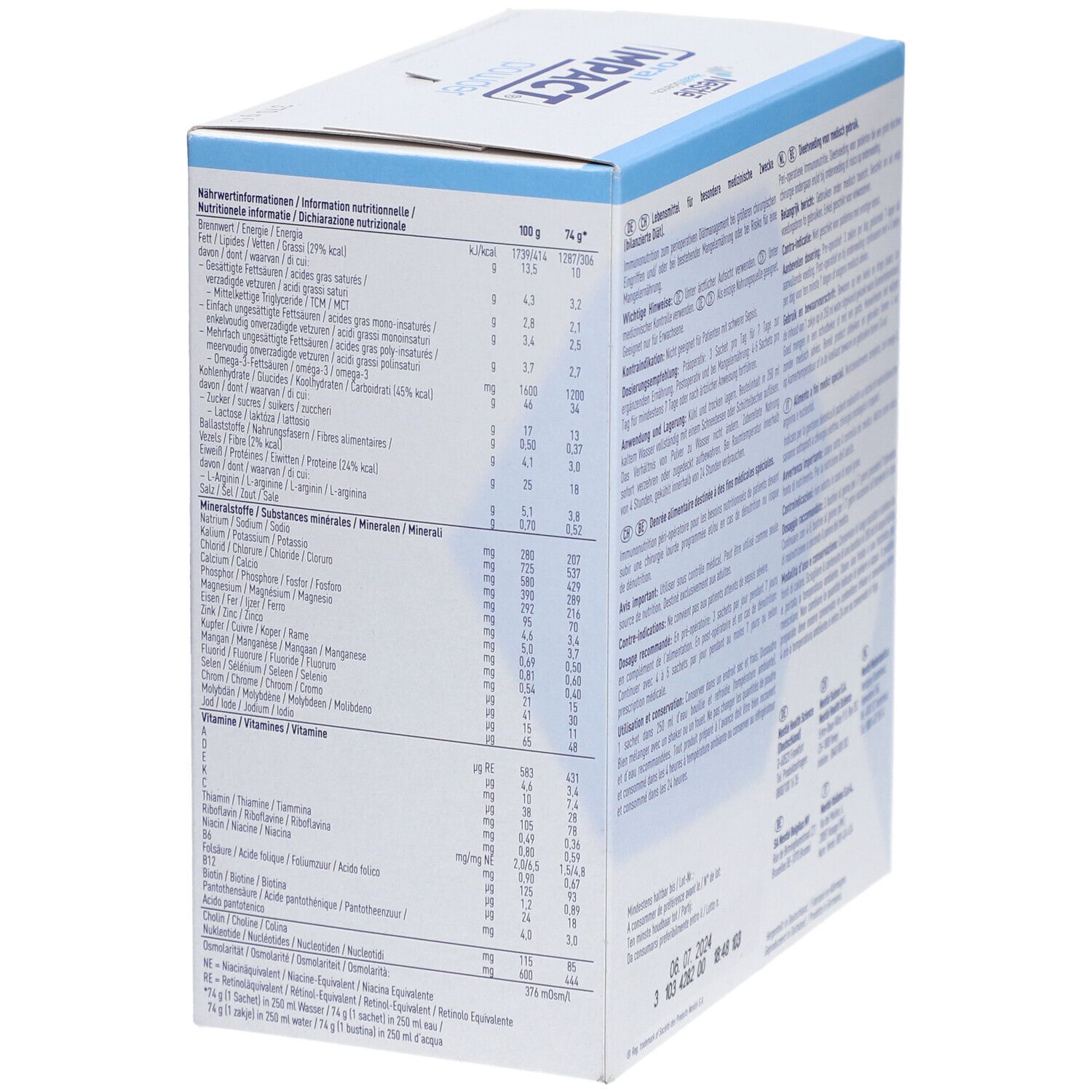 Dos de l'emballage de poudre NESTLE Oral Impact®. Tableau nutritionnel. Informations sur les vitamines et minéraux.