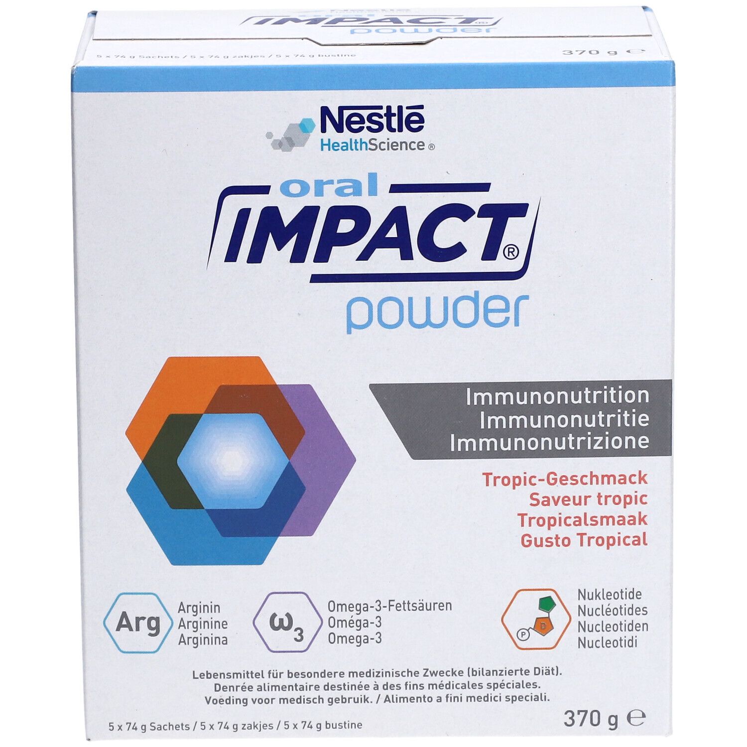 Boîte de poudre NESTLE Oral Impact®. Inscription: Immunonutrition, Saveur tropic, 370g. Logo: Nestle HealthScience.