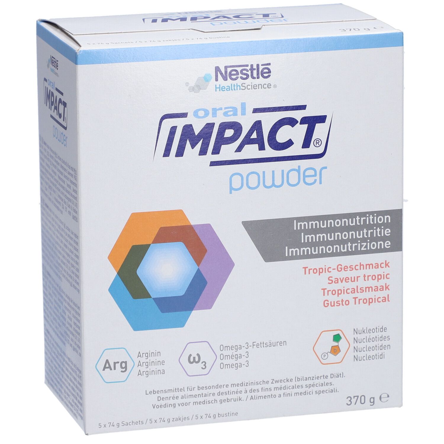 Boîte de poudre NESTLE Oral Impact®. Inscription: Immunonutrition, Saveur tropic, 370g. Logo: Nestle HealthScience.
