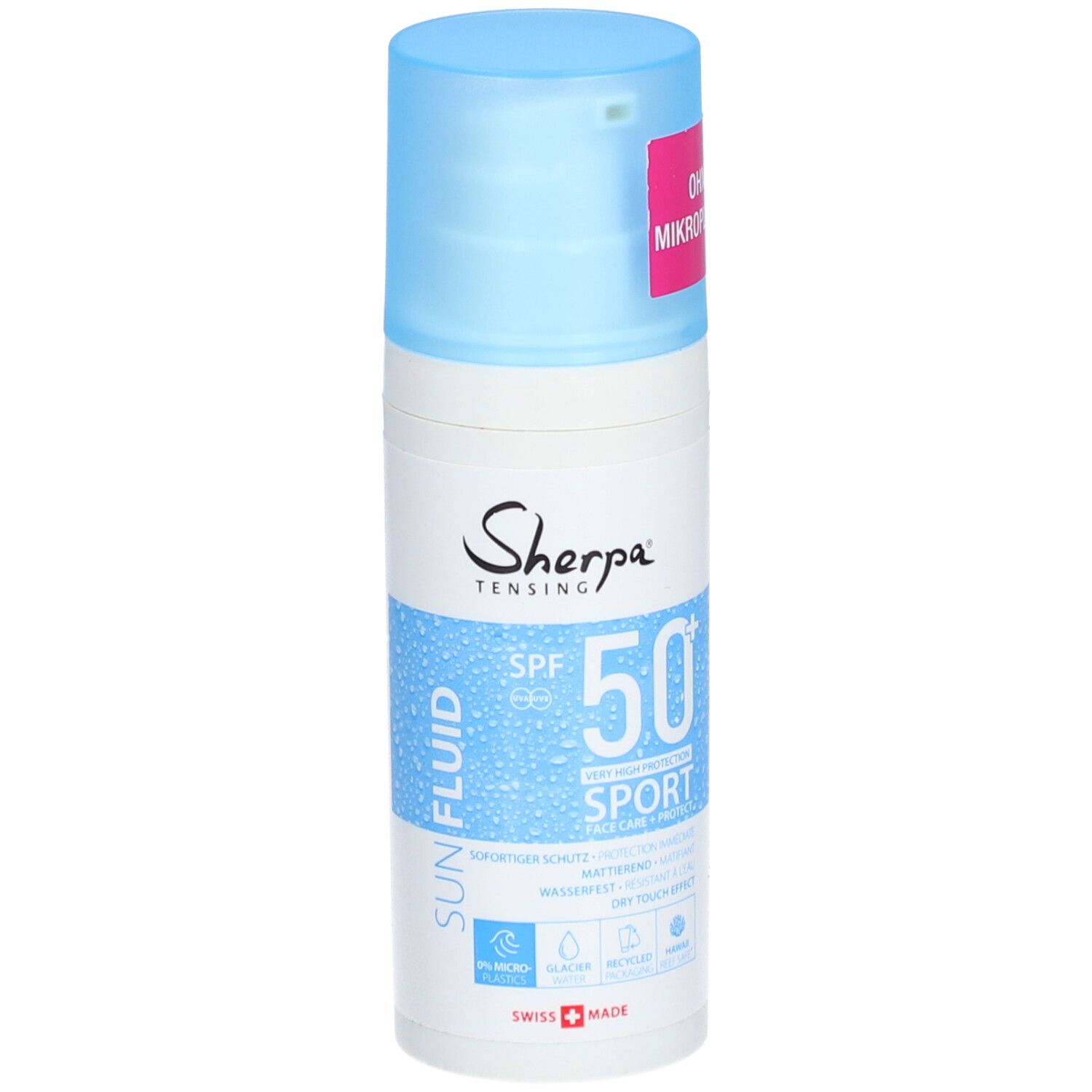 Sonnenfluid-Flasche mit blauem Deckel. Aufschrift: Sherpa Tensing, SPF 50+, Sport, Sun Fluid. Pinker Aufkleber: Ohne Mikroplastik.