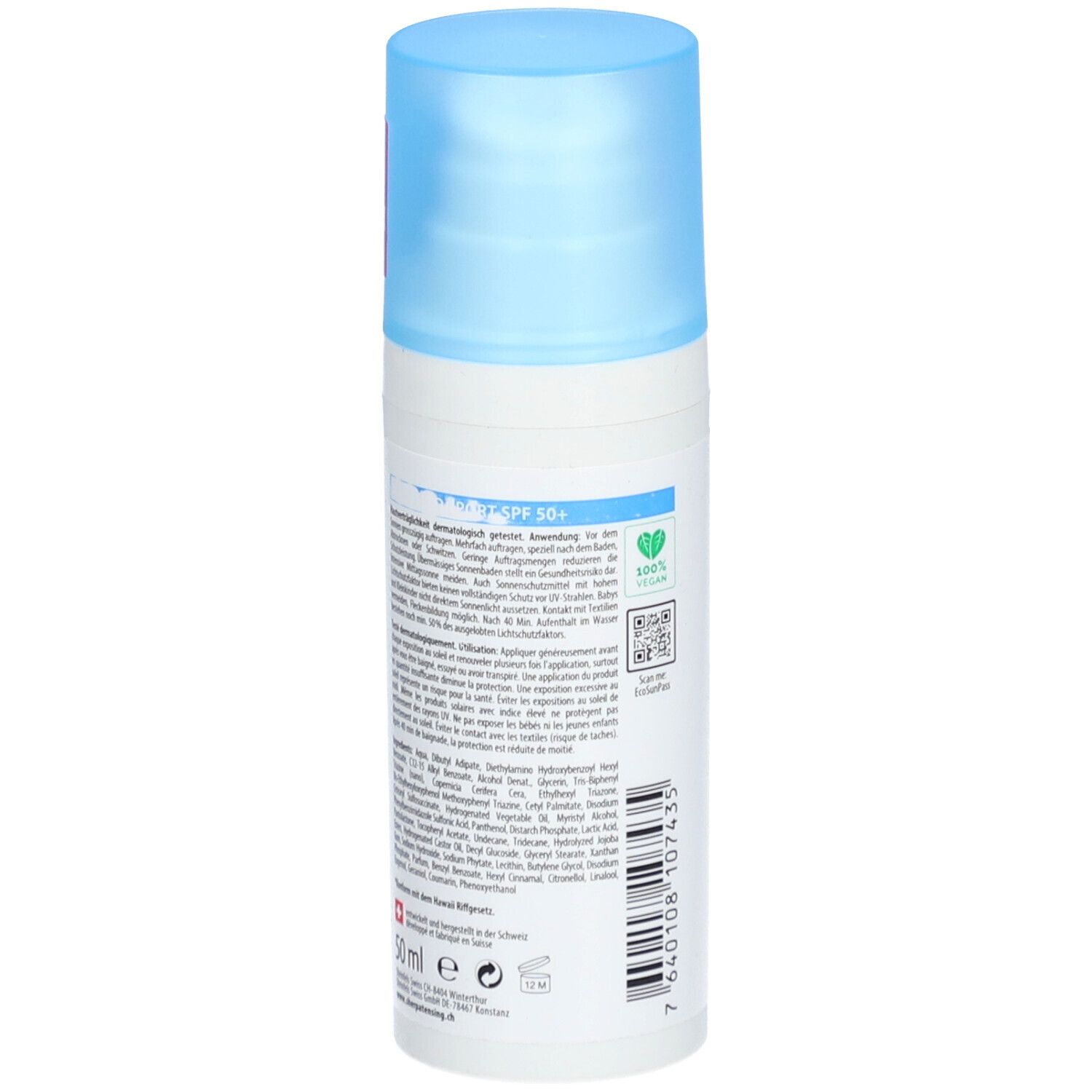 Sonnenfluid-Flasche, Rückseite. Text in mehreren Sprachen. Mit grüner Kennzeichnung und Barcode. Schweizer Kreuz.