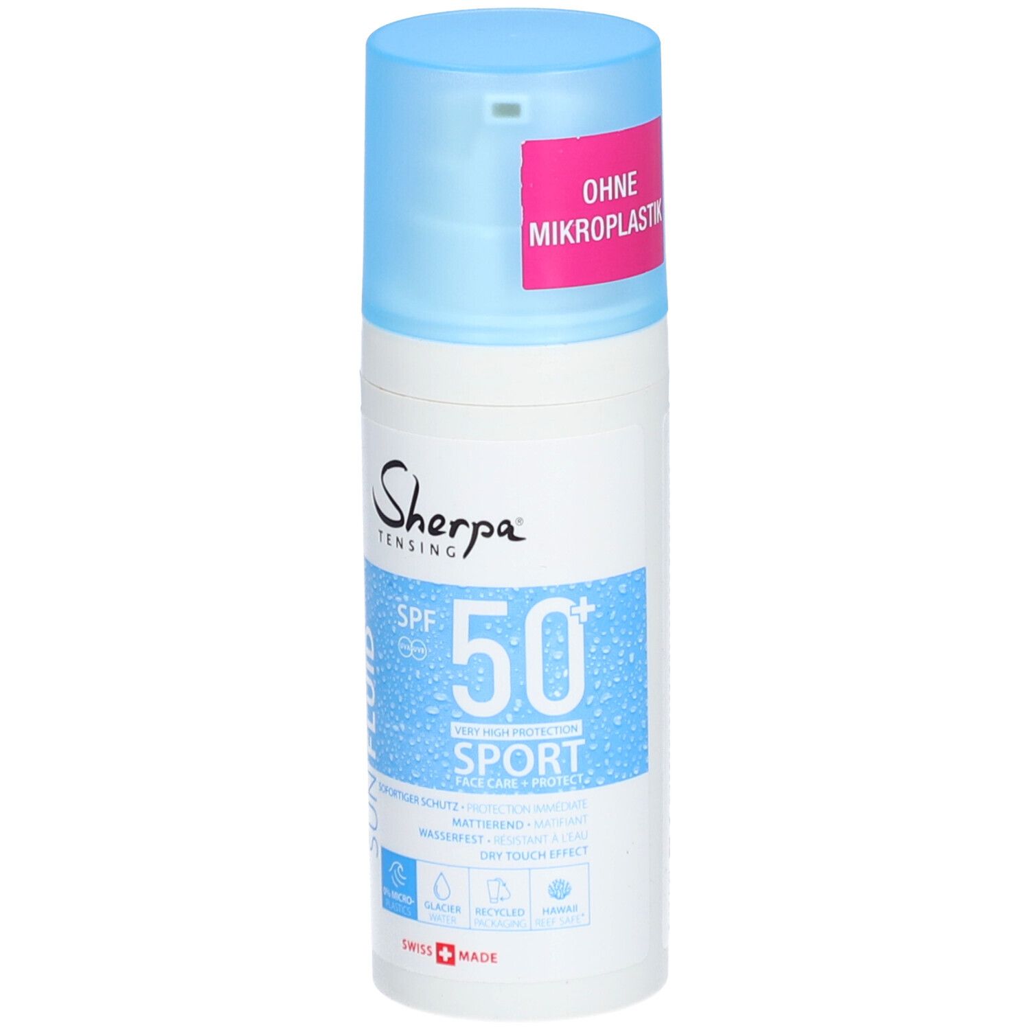 Sonnenfluid-Flasche mit blauem Deckel. Aufschrift: Sherpa Tensing, SPF 50+, Sport, Sun Fluid. Pinker Aufkleber: Ohne Mikroplastik.