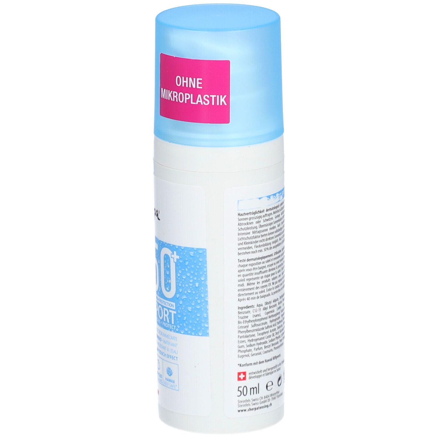 Sonnenfluid-Flasche, Rückseite. Text in mehreren Sprachen. Pinker Aufkleber: Ohne Mikroplastik. Schweizer Kreuz.