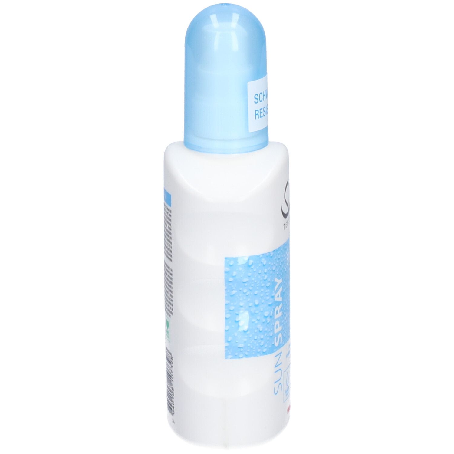 Weiße Flasche mit blauem Sprühkopf. Aufschrift: Sun Spray. Blaue Fläche mit Wassertropfen.