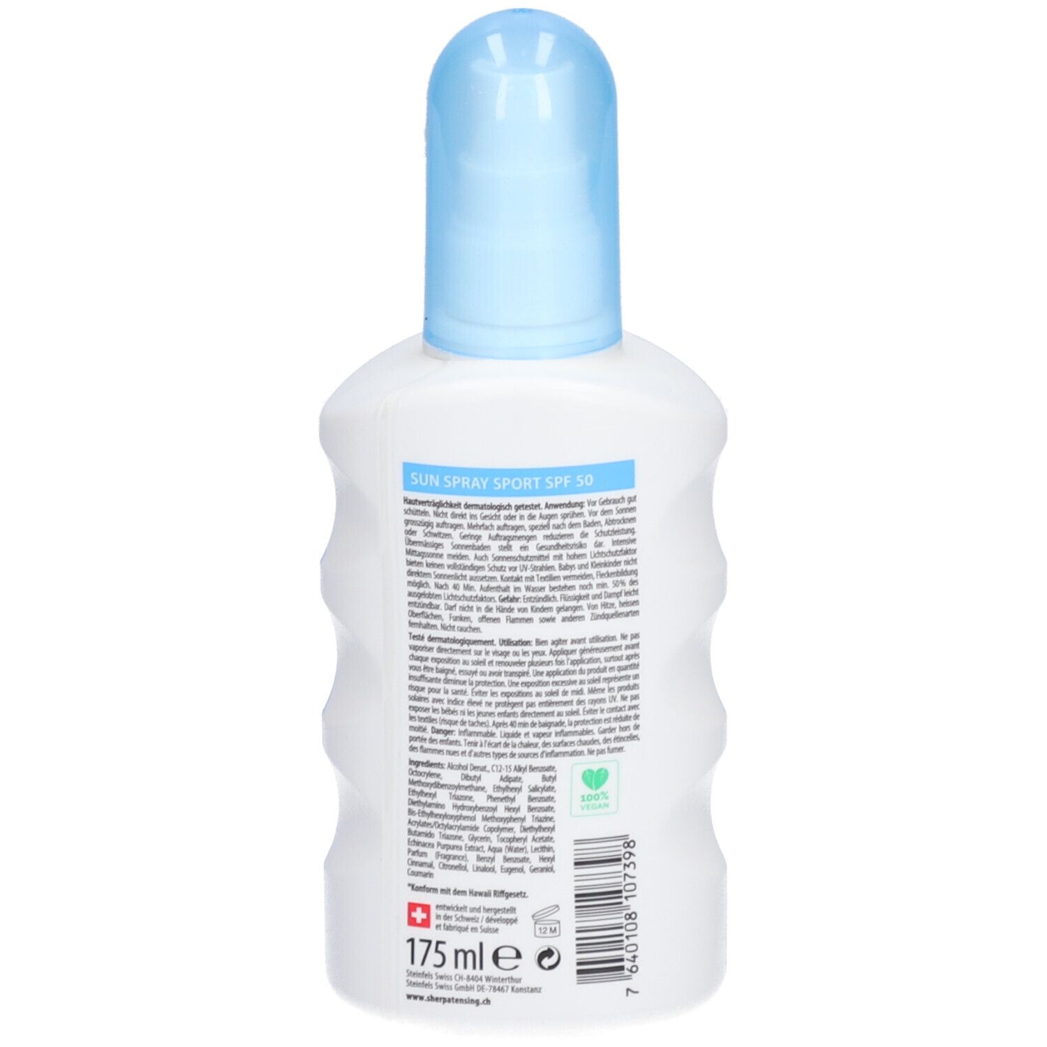 Rückseite einer weißen Flasche. Aufschrift: Sun Sport Spray SPF 50. Text in mehreren Sprachen. 175 ml.