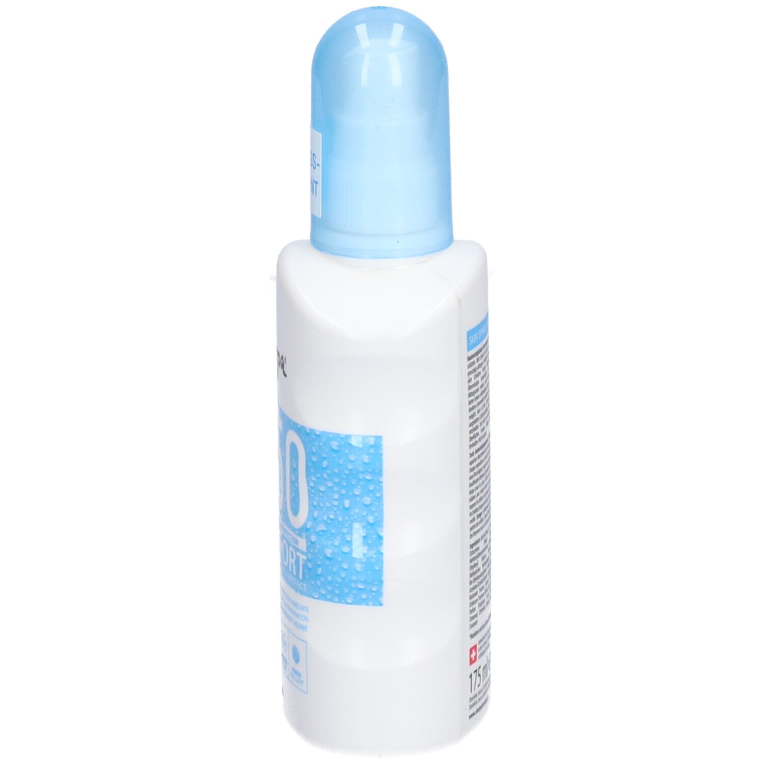 Weiße Flasche mit blauem Sprühkopf. Aufschrift: SPF 50, Sun Spray, Sport. 175 ml.