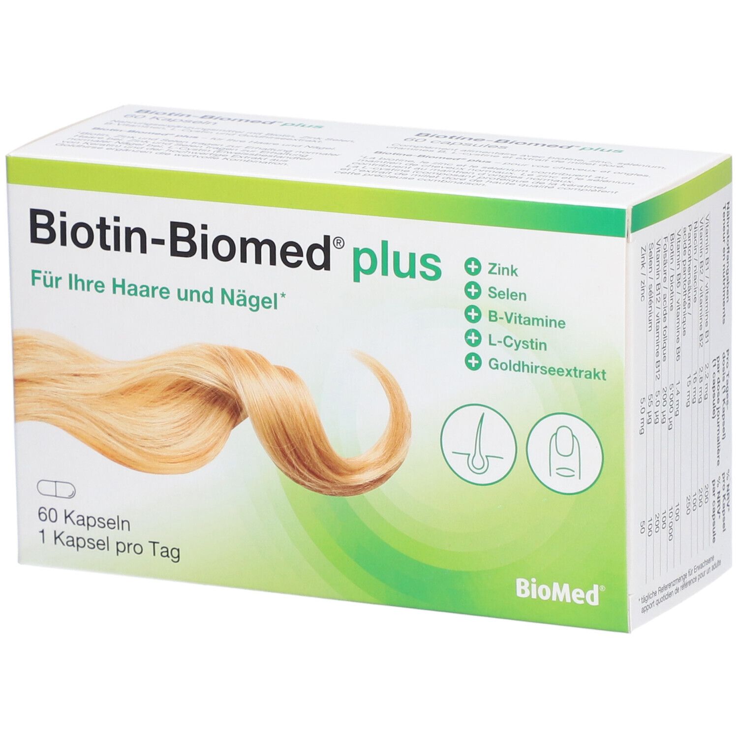 Schachtel BIOTINE-BIOMED® plus. Aufschrift: Für Ihre Haare und Nägel. Enthält Zink, Selen, B-Vitamine, L-Cystin, Goldhirseextrakt. 60 Kapseln.