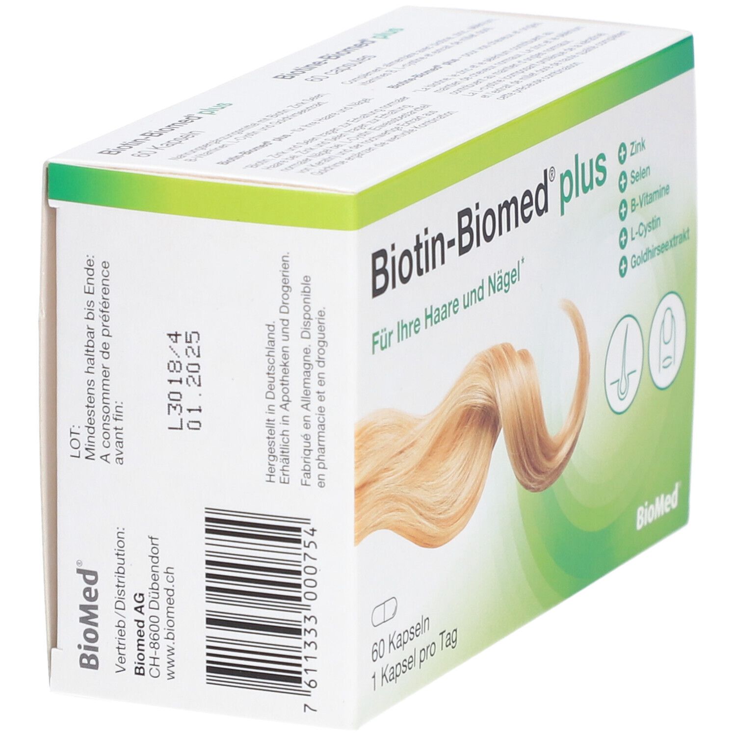 Schachtel BIOTINE-BIOMED® plus. Seitenansicht mit Aufschrift: Für Ihre Haare und Nägel. Enthält Zink, Selen, B-Vitamine, L-Cystin, Goldhirseextrakt. 60 Kapseln.