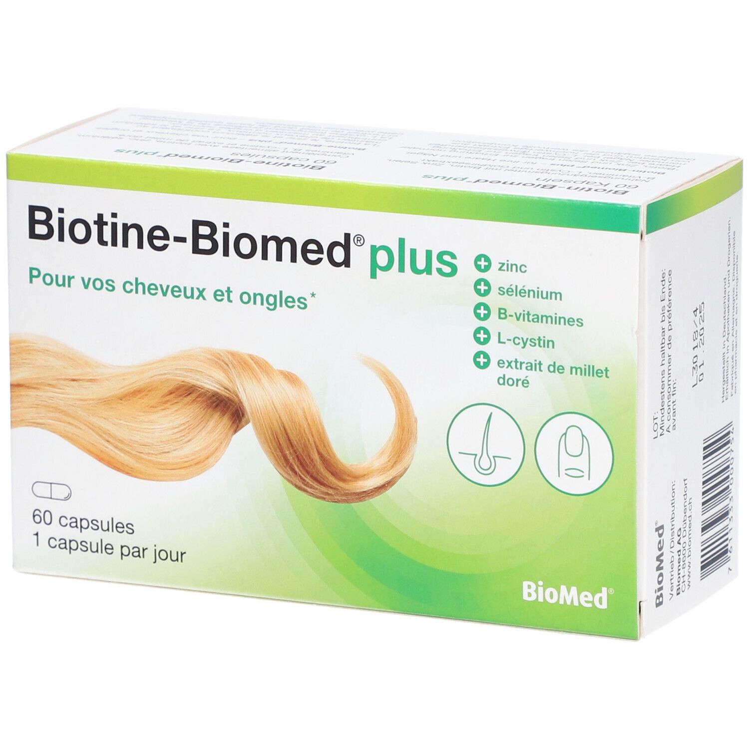Schachtel BIOTINE-BIOMED® plus. Aufschrift: Für Ihre Haare und Nägel. Enthält Zink, Selen, B-Vitamine, L-Cystin, Goldhirseextrakt. 60 Kapseln. Französische Version.