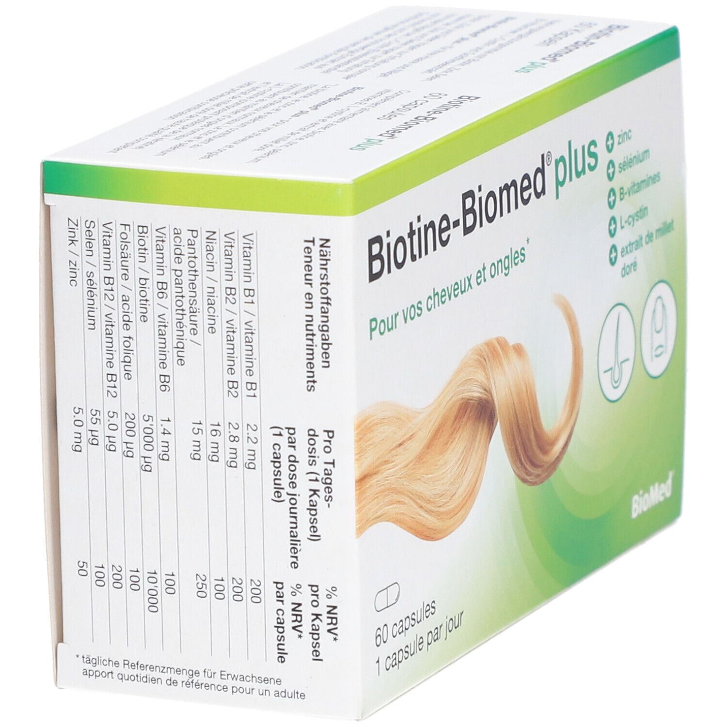Schachtel BIOTINE-BIOMED® plus. Rückseite mit Nährwertangaben. Enthält Zink, Selen, B-Vitamine, L-Cystin, Goldhirseextrakt. 60 Kapseln.