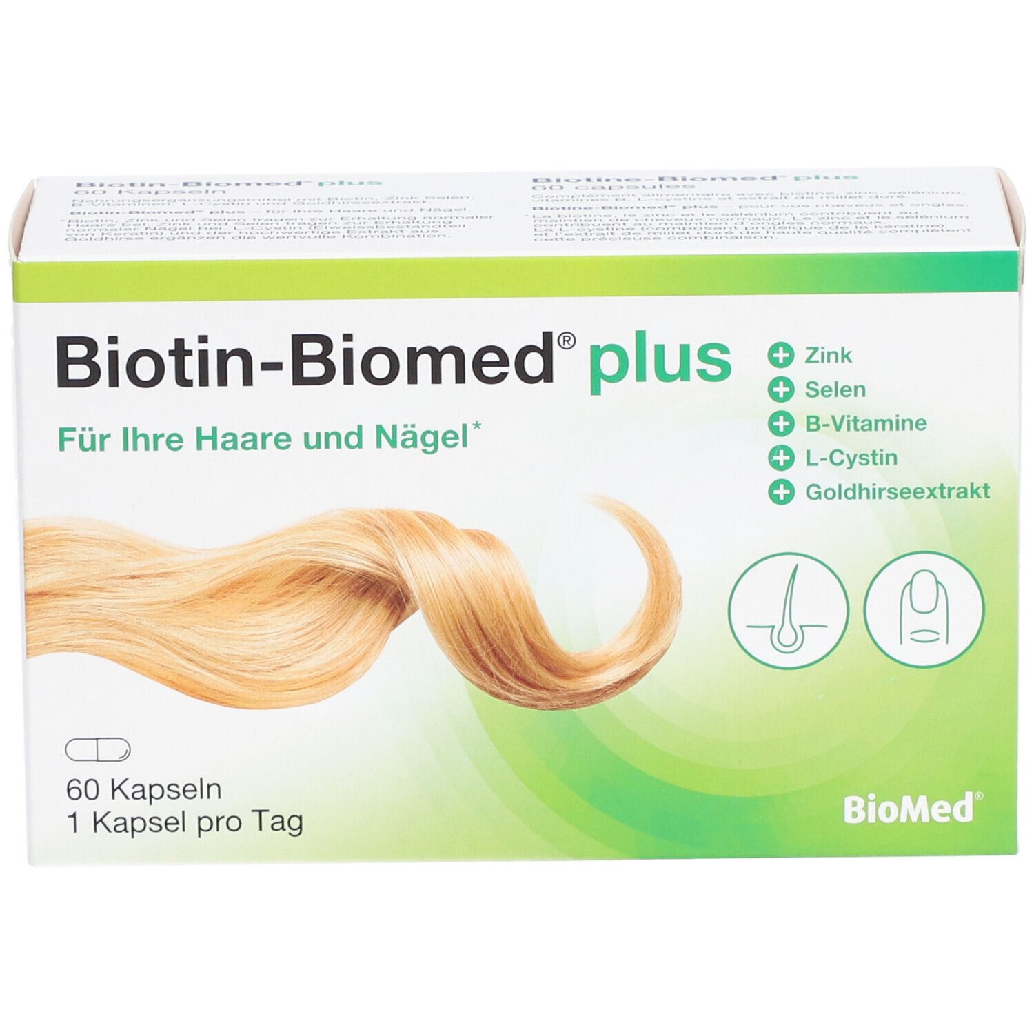 Schachtel BIOTINE-BIOMED® plus. Aufschrift: Für Ihre Haare und Nägel. Enthält Zink, Selen, B-Vitamine, L-Cystin, Goldhirseextrakt. 60 Kapseln.