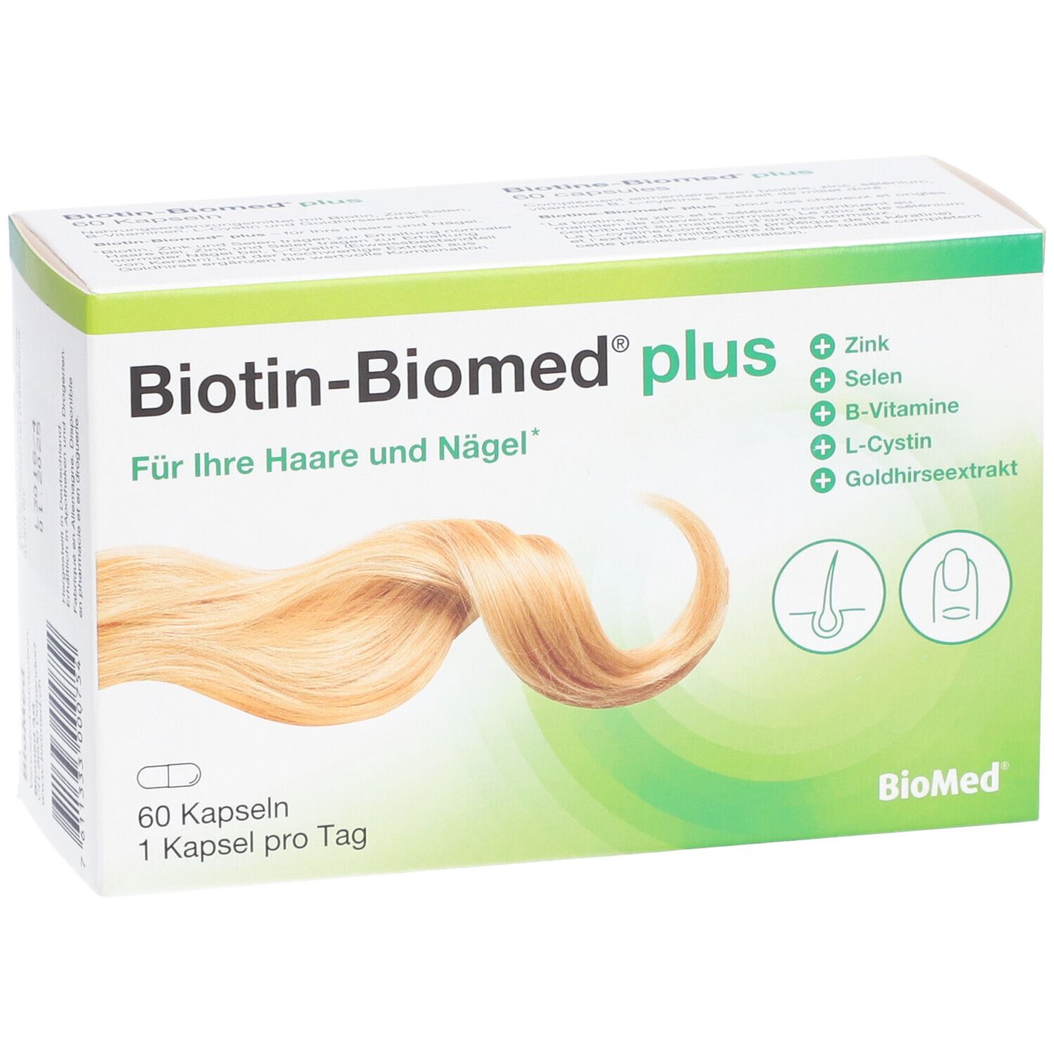 Schachtel BIOTINE-BIOMED® plus. Aufschrift: Für Ihre Haare und Nägel. Enthält Zink, Selen, B-Vitamine, L-Cystin, Goldhirseextrakt. 60 Kapseln.