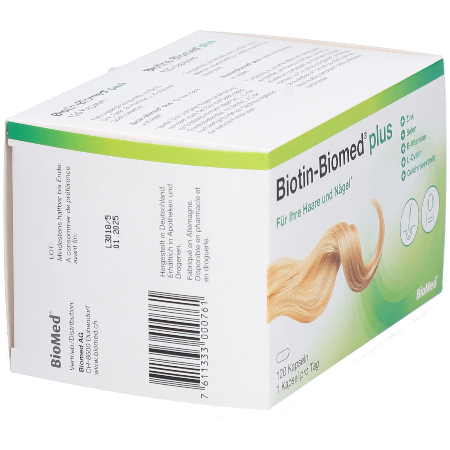 Weiße Schachtel Biotin-Biomed plus. Aufdruck: 120 Kapseln. Barcode. Angaben zu Hersteller und Vertrieb. Mindestens haltbar bis Ende 01.2025.