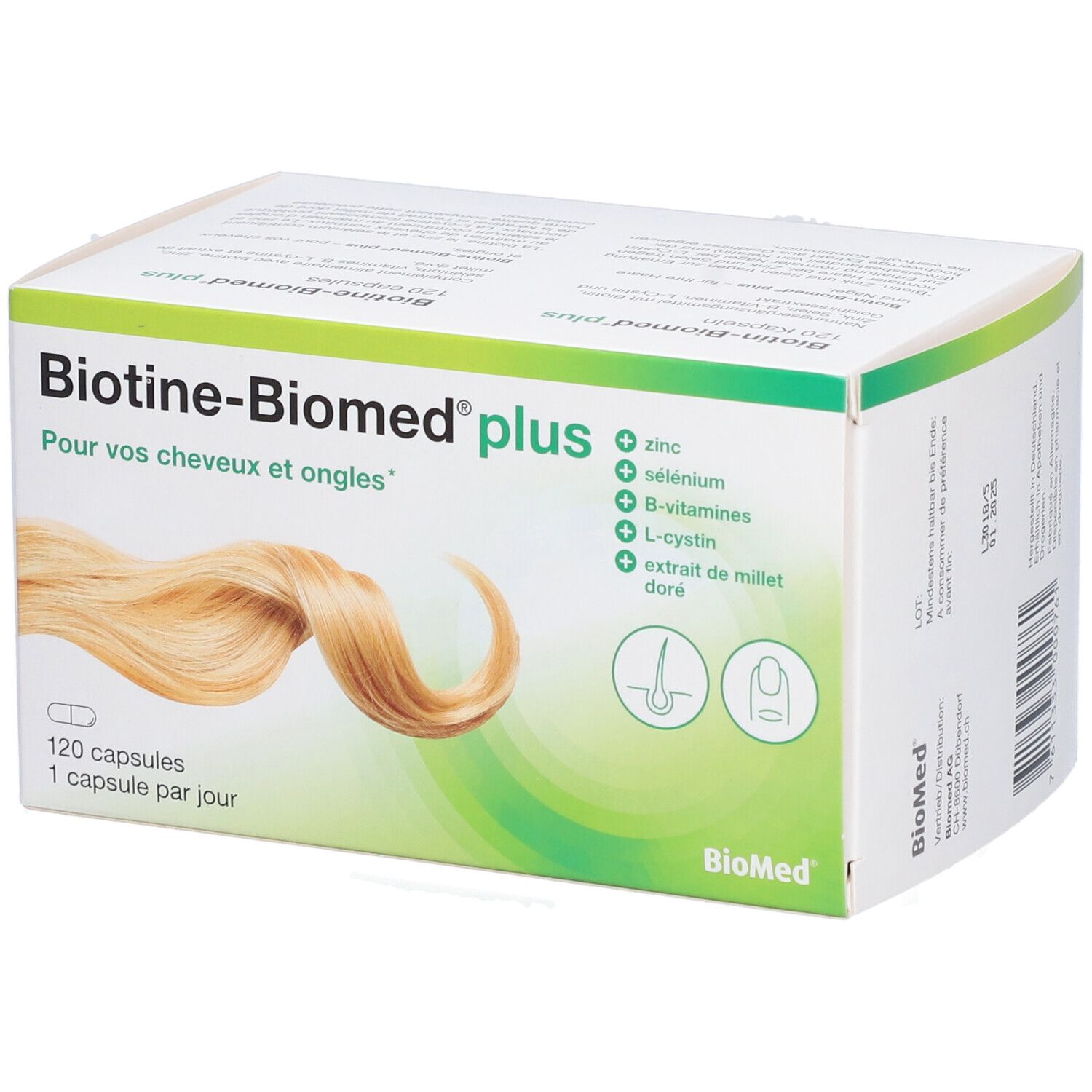 Weiße Schachtel Biotine-Biomed plus. Aufdruck: 120 Kapseln, 1 Kapsel pro Tag. Grün-weiße Grafik mit Haar- und Nagel-Symbolen.