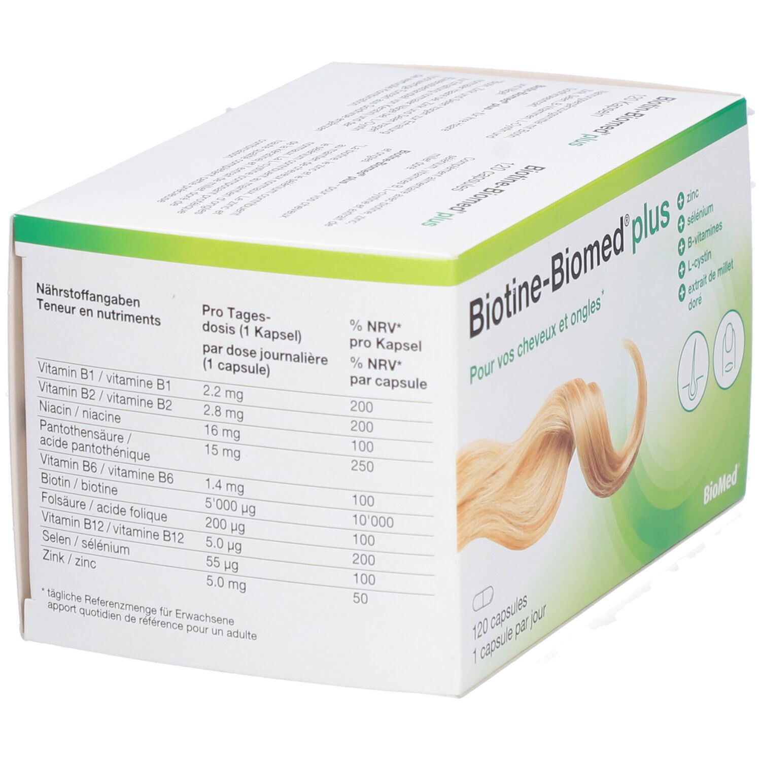 Weiße Schachtel Biotine-Biomed plus. Aufdruck: 120 Kapseln. Nährwertangaben. Grün-weiße Grafik mit Haar- und Nagel-Symbolen.