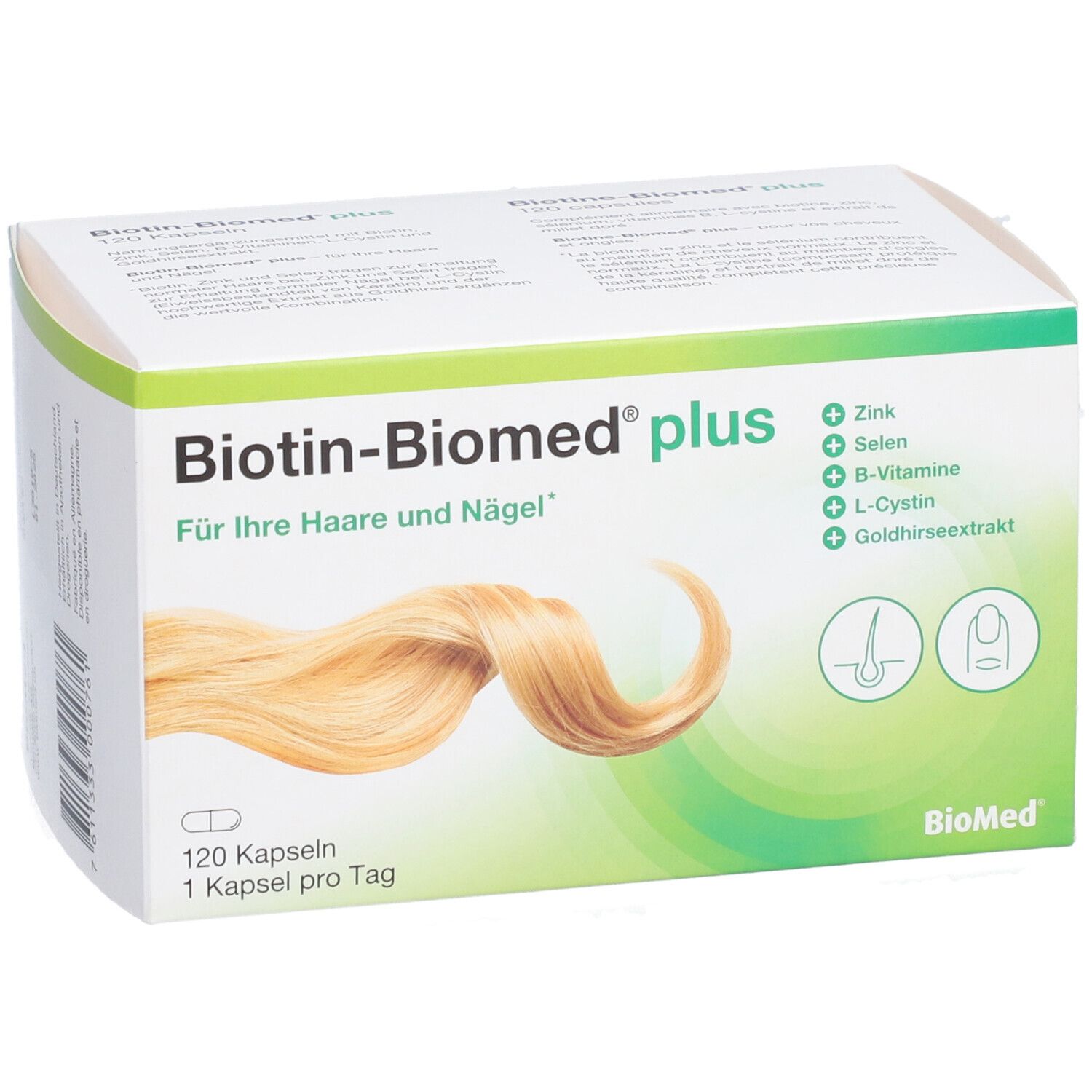 Weiße Schachtel Biotin-Biomed plus. Aufdruck: 120 Kapseln, 1 Kapsel pro Tag. Grün-weiße Grafik mit Haar- und Nagel-Symbolen.