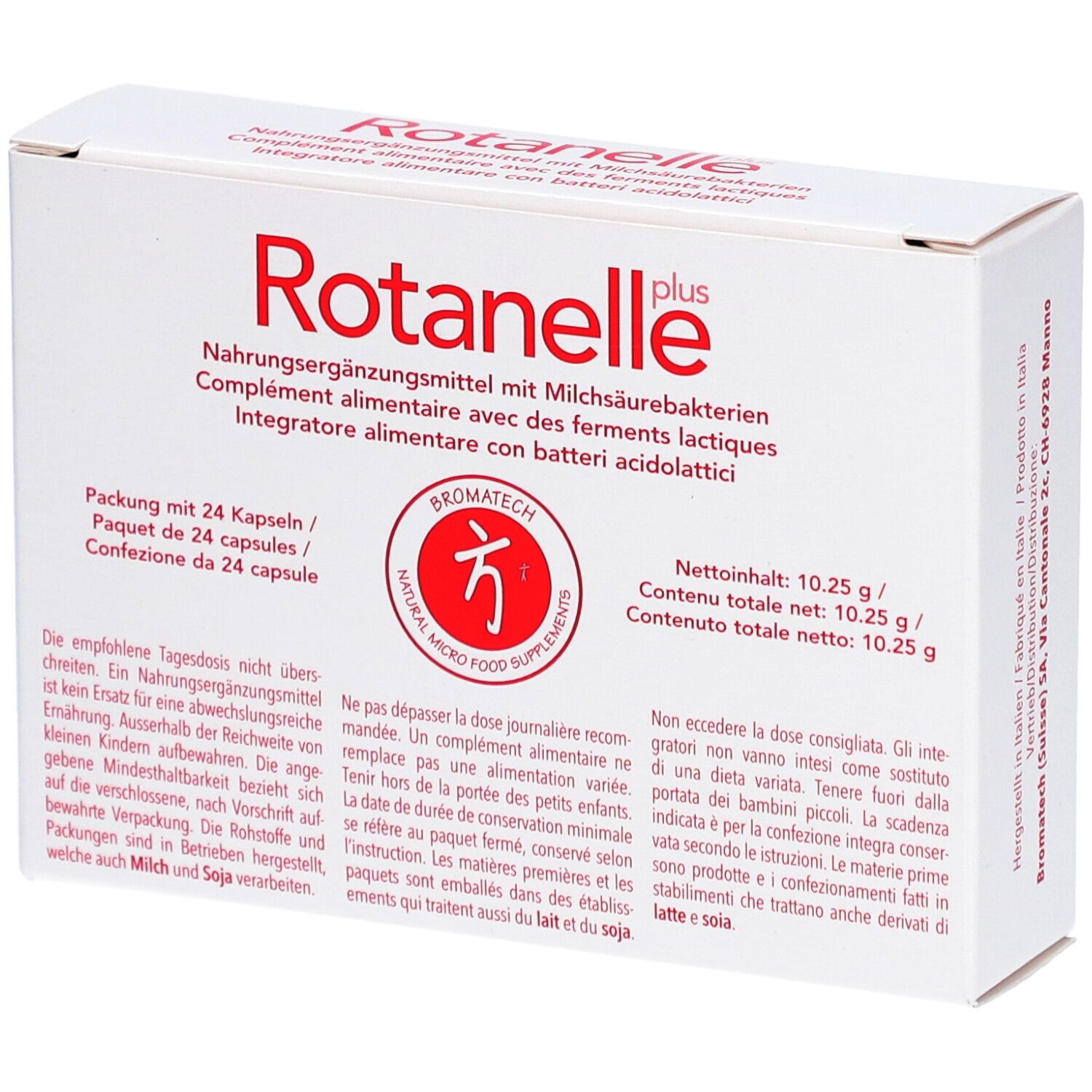 Boîte blanche "Rotanelle plus". Contient 24 gélules. Logo Bromatech. Texte en allemand, français, italien.