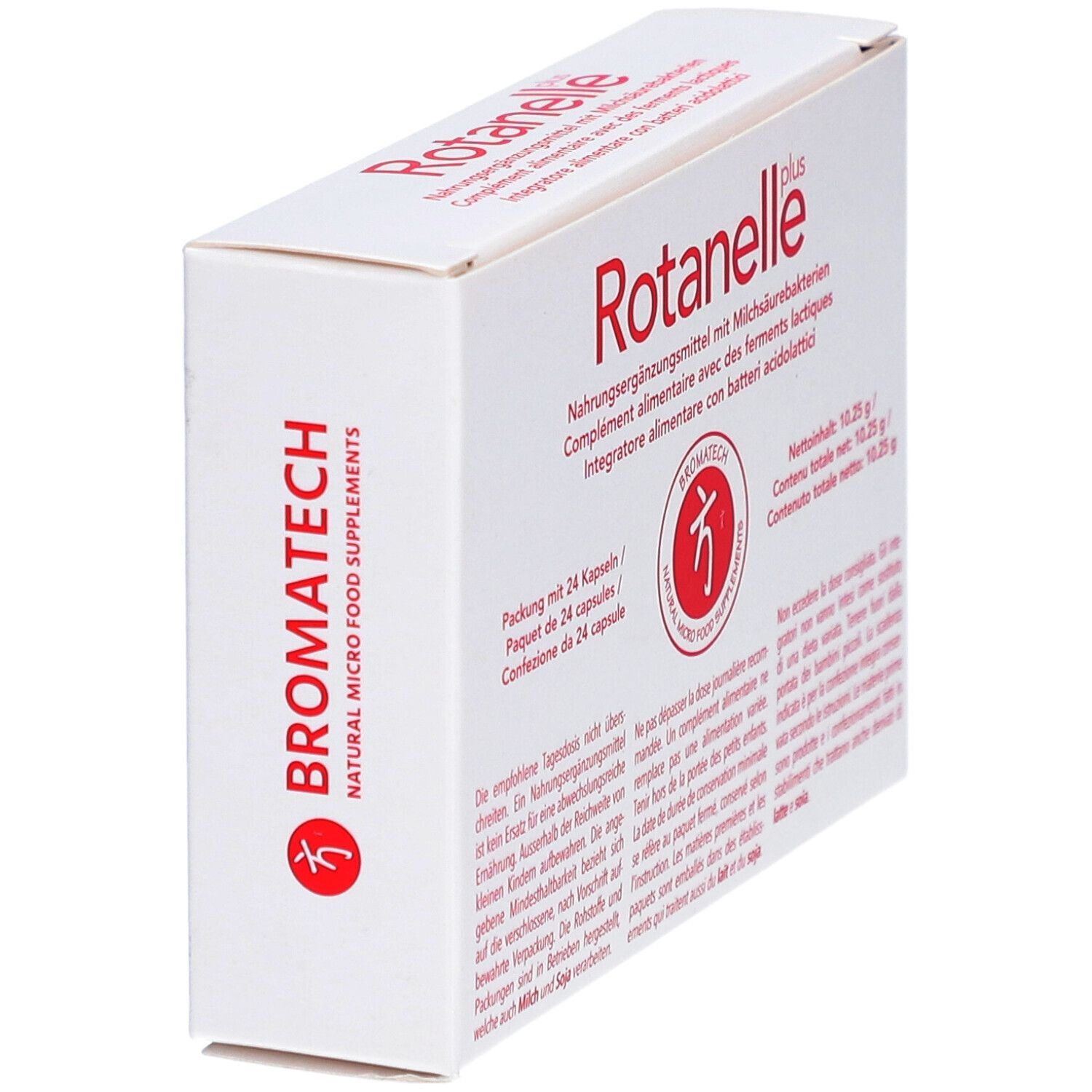 Boîte "Rotanelle plus" en biais. Logo Bromatech. Texte en allemand, français, italien. Emballage blanc.