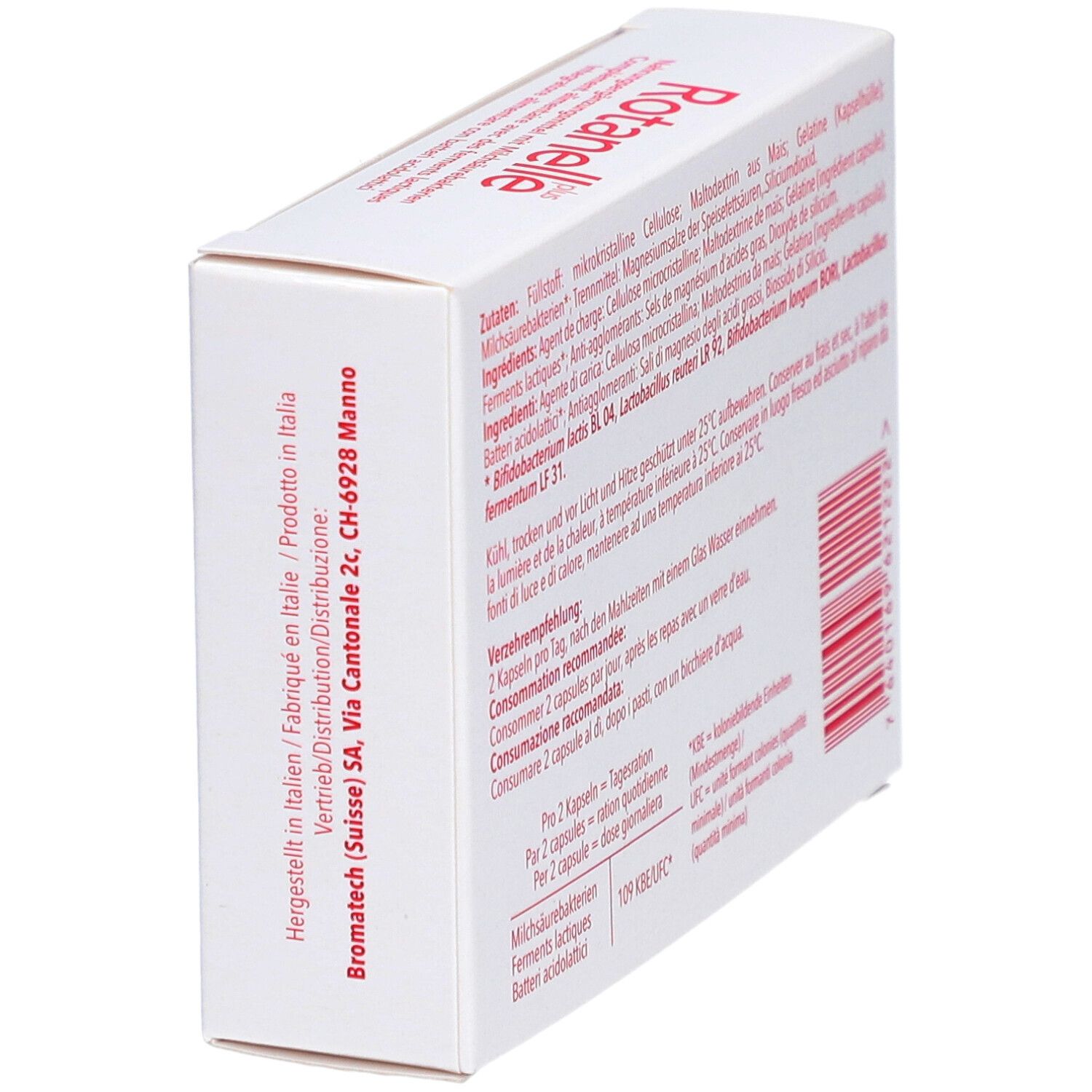 Vue latérale de la boîte "Rotanelle plus". Adresse du fabricant. Texte en allemand, français, italien. Emballage blanc.
