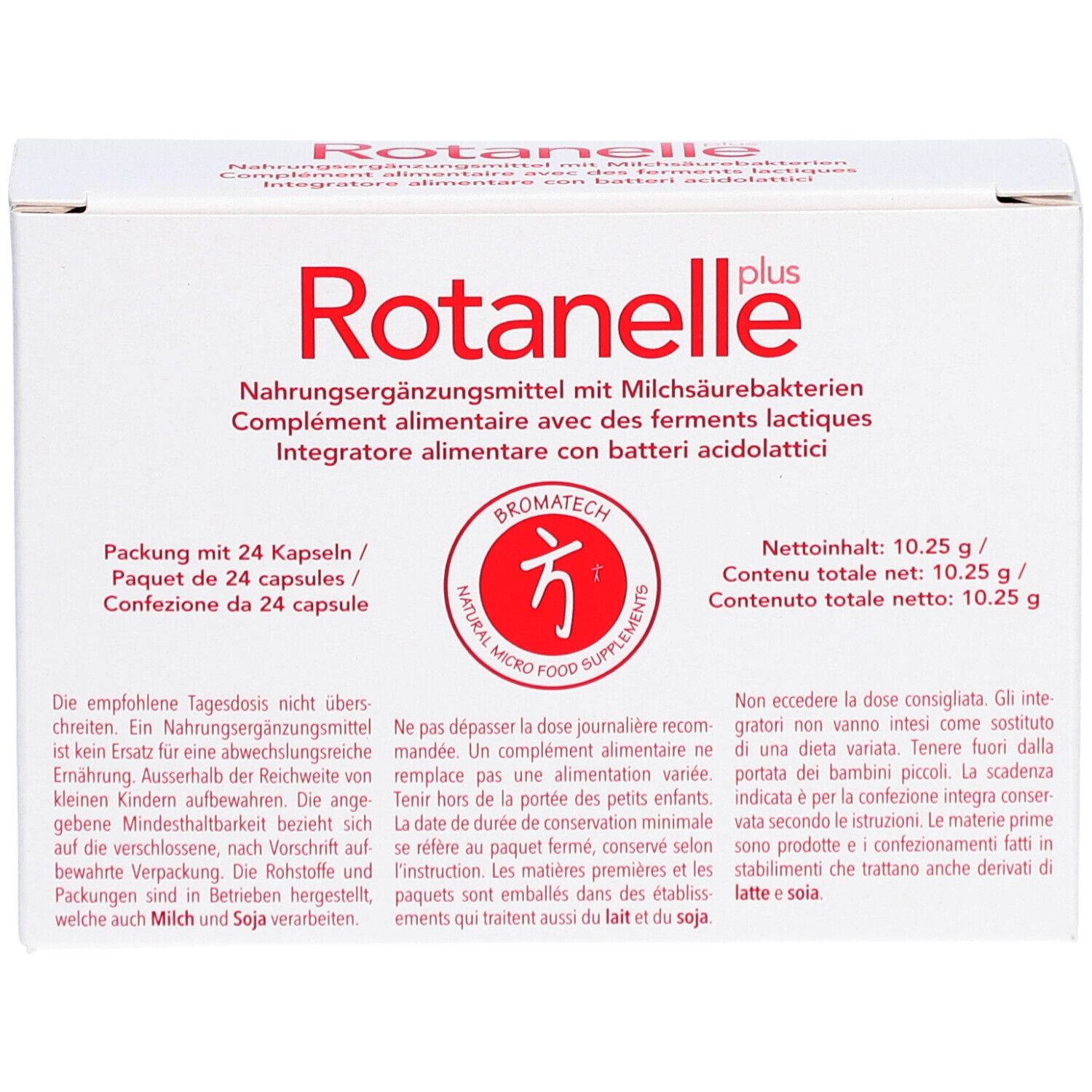 Boîte blanche "Rotanelle plus". Contient 24 gélules. Logo Bromatech. Texte en allemand, français, italien. Vue d'ensemble.