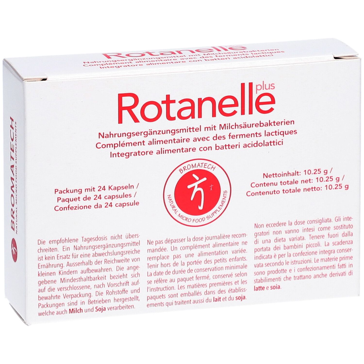 Boîte blanche "Rotanelle plus". Contient 24 gélules. Logo Bromatech. Texte en allemand, français, italien. Gros plan.