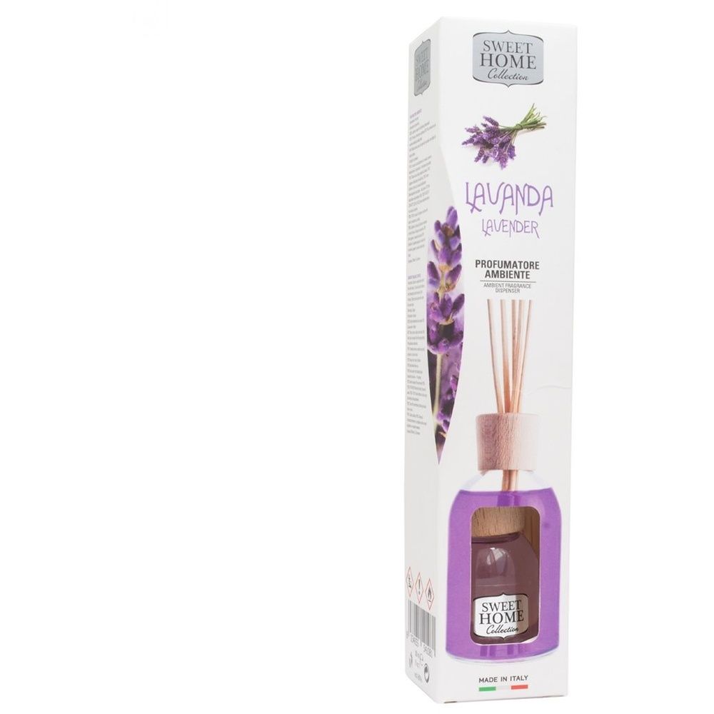 Diffuseur de parfum SWEET HOME, parfum lavande. Flacon en verre violet, bouchon en bois, bâtonnets. Emballage.