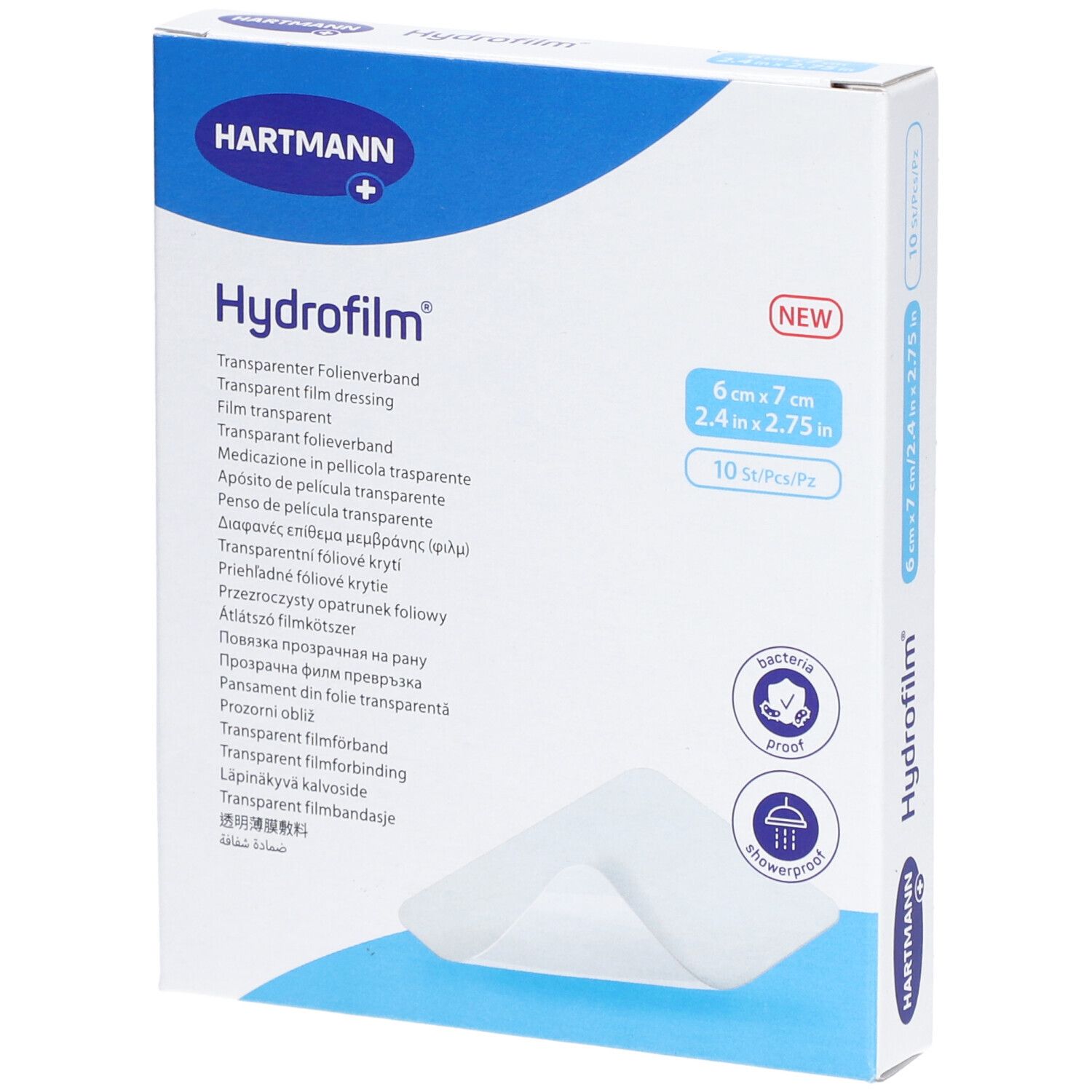 Verpackung von Hydrofilm® steriles Klebepflaster. Größe 6 x 7 cm. 10 Stück. Marke HARTMANN. Bakterien- und wasserdicht.
