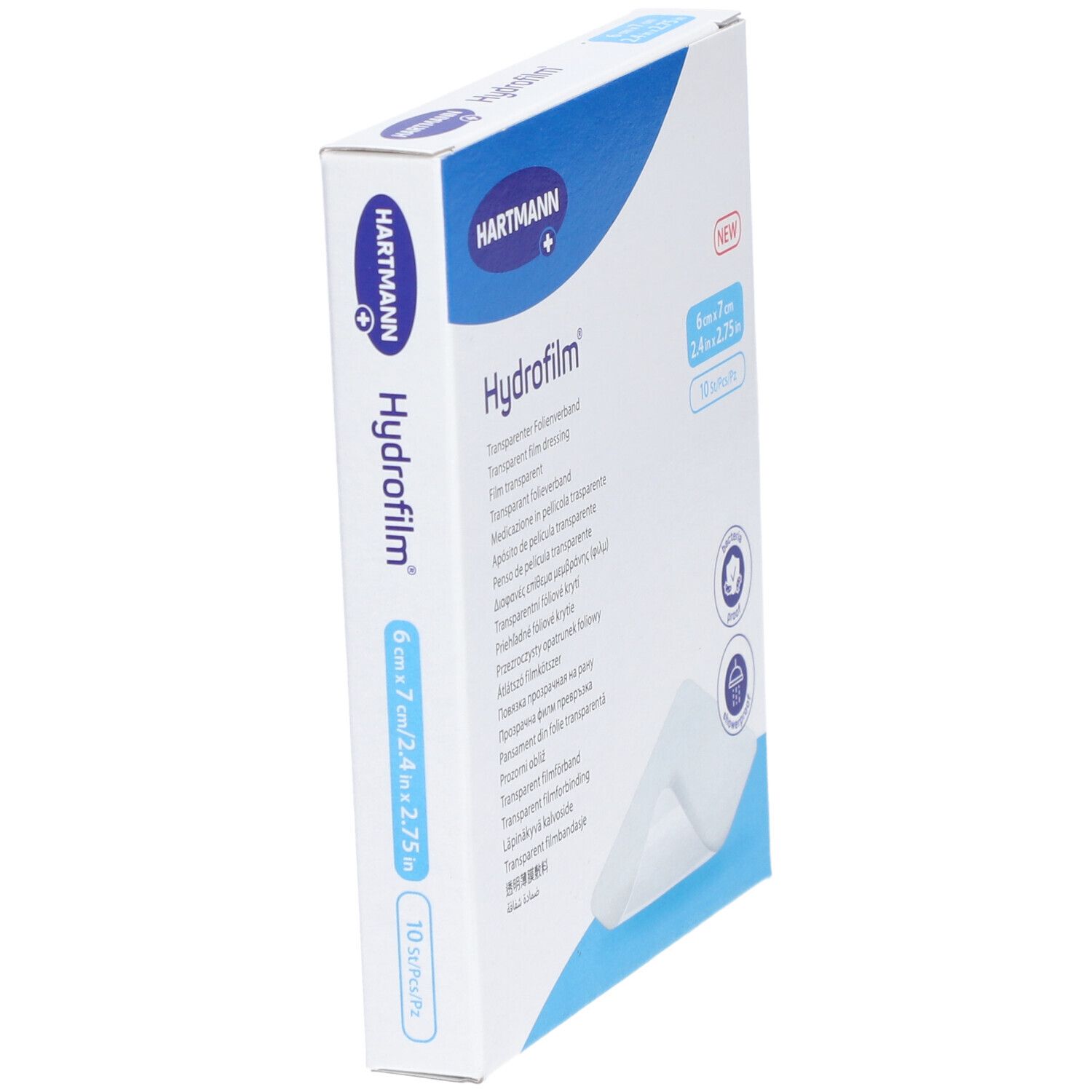 Verpackung von Hydrofilm® steriles Klebepflaster. Größe 6 x 7 cm. 10 Stück. Marke HARTMANN. Bakterien- und wasserdicht.