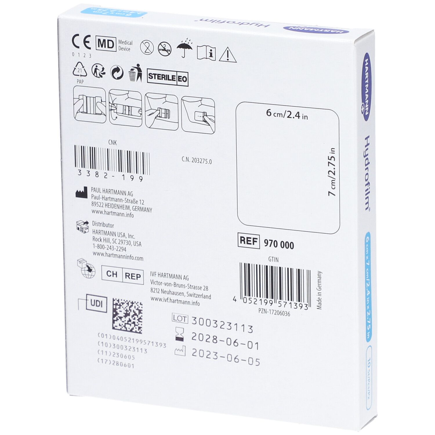 Rückseite der Verpackung von Hydrofilm® steriles Klebepflaster. Größe 6 x 7 cm. Informationen zu Hersteller und Chargennummer.