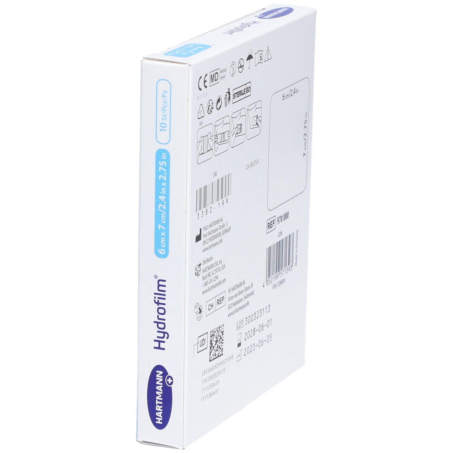 Rückseite der Verpackung von Hydrofilm® steriles Klebepflaster. Größe 6 x 7 cm. Informationen zu Hersteller und Chargennummer.