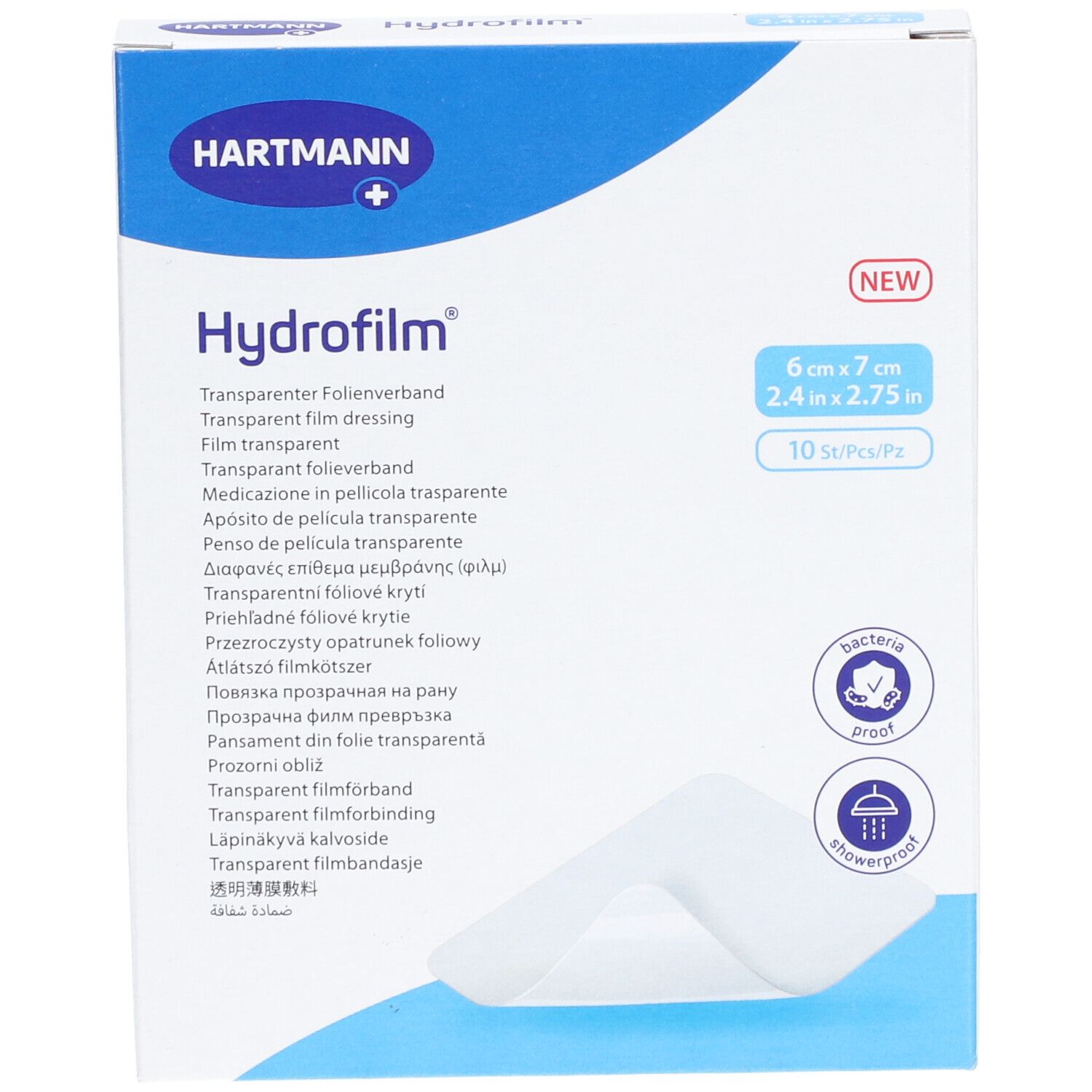 Verpackung von Hydrofilm® steriles Klebepflaster. Größe 6 x 7 cm. 10 Stück. Marke HARTMANN. Bakterien- und wasserdicht.