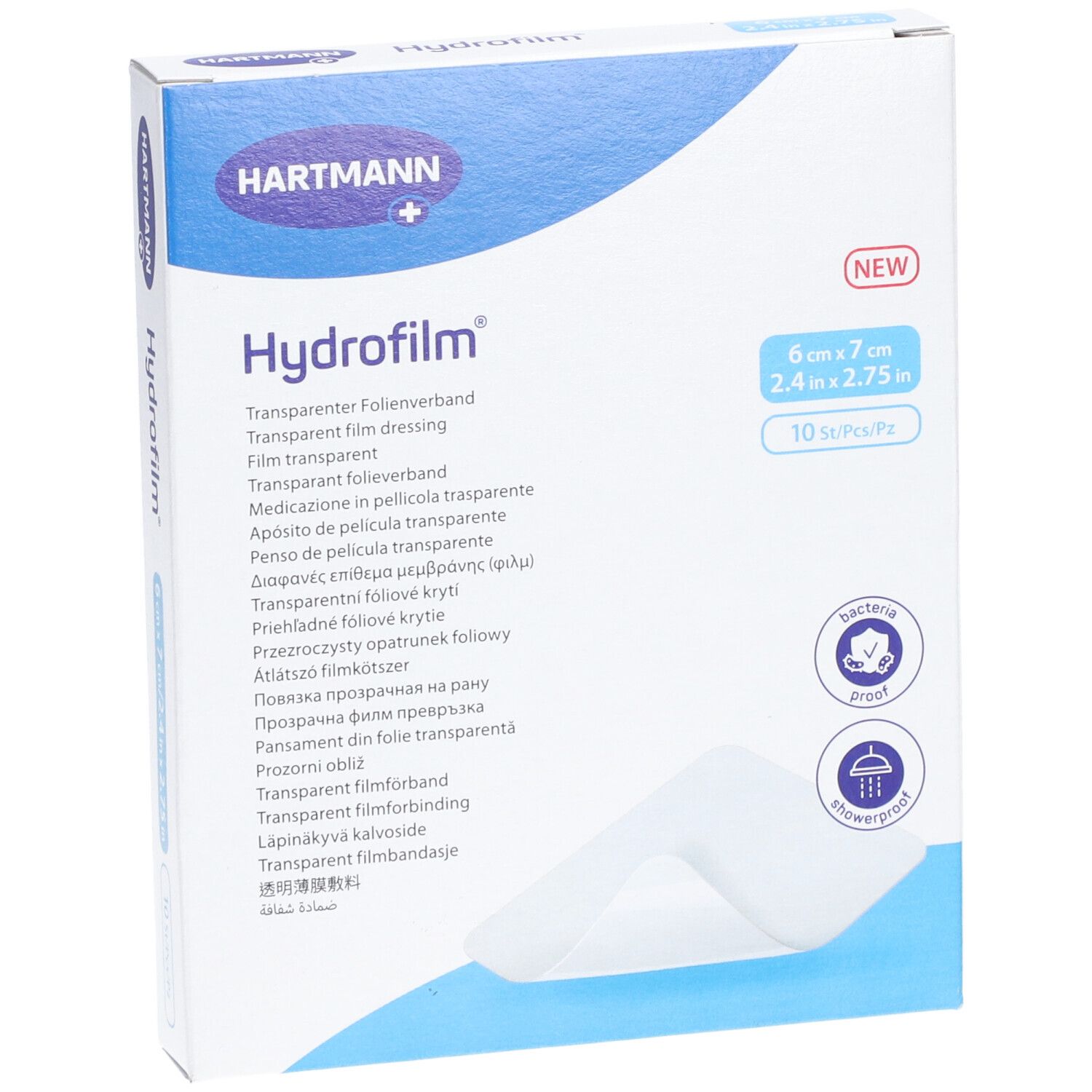 Verpackung von Hydrofilm® steriles Klebepflaster. Größe 6 x 7 cm. 10 Stück. Marke HARTMANN. Bakterien- und wasserdicht.
