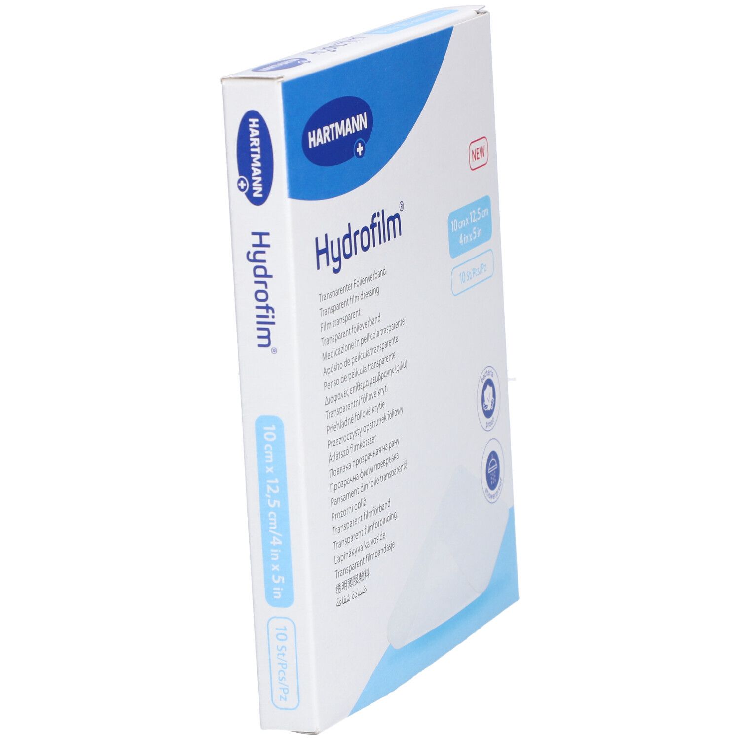 Schräg gestellte Verpackung von HARTMANN Hydrofilm®. Produktname und Größenangabe 10 x 12,5 cm. Enthält 10 Stück.