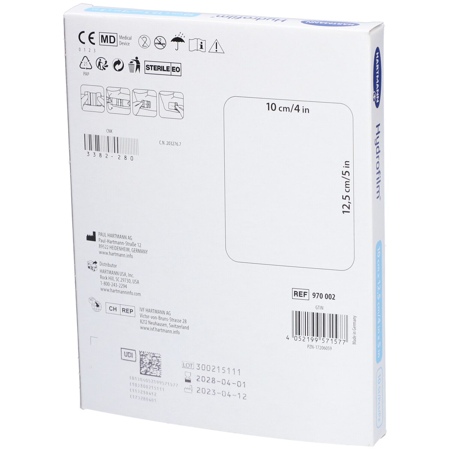 Rückseite der Verpackung von HARTMANN Hydrofilm®. Größenangabe 10 x 12,5 cm. Mit CE-Kennzeichnung und weiteren Informationen.