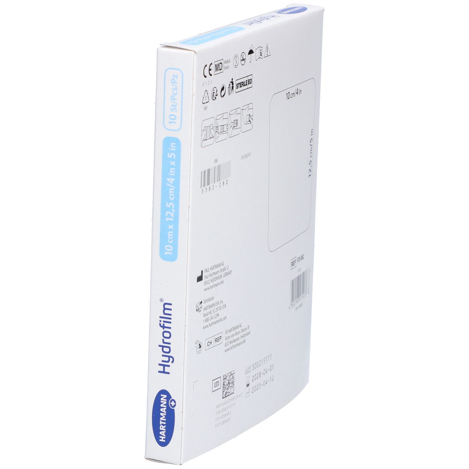 Seitenansicht der Verpackung von HARTMANN Hydrofilm®. Produktname und Größenangabe 10 x 12,5 cm. Enthält 10 Stück.