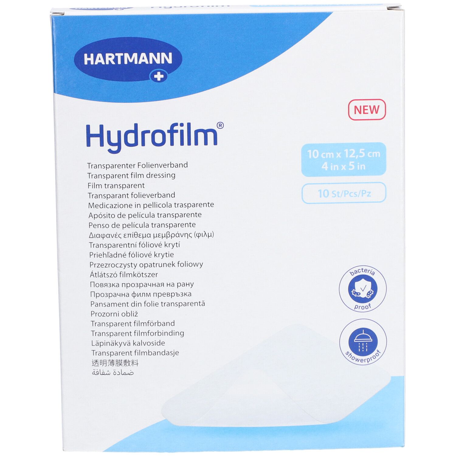 Vorderansicht der Verpackung von HARTMANN Hydrofilm®. Produktname, Größenangabe 10 x 12,5 cm. Enthält 10 Stück. Mit Logo und Eigenschaften.