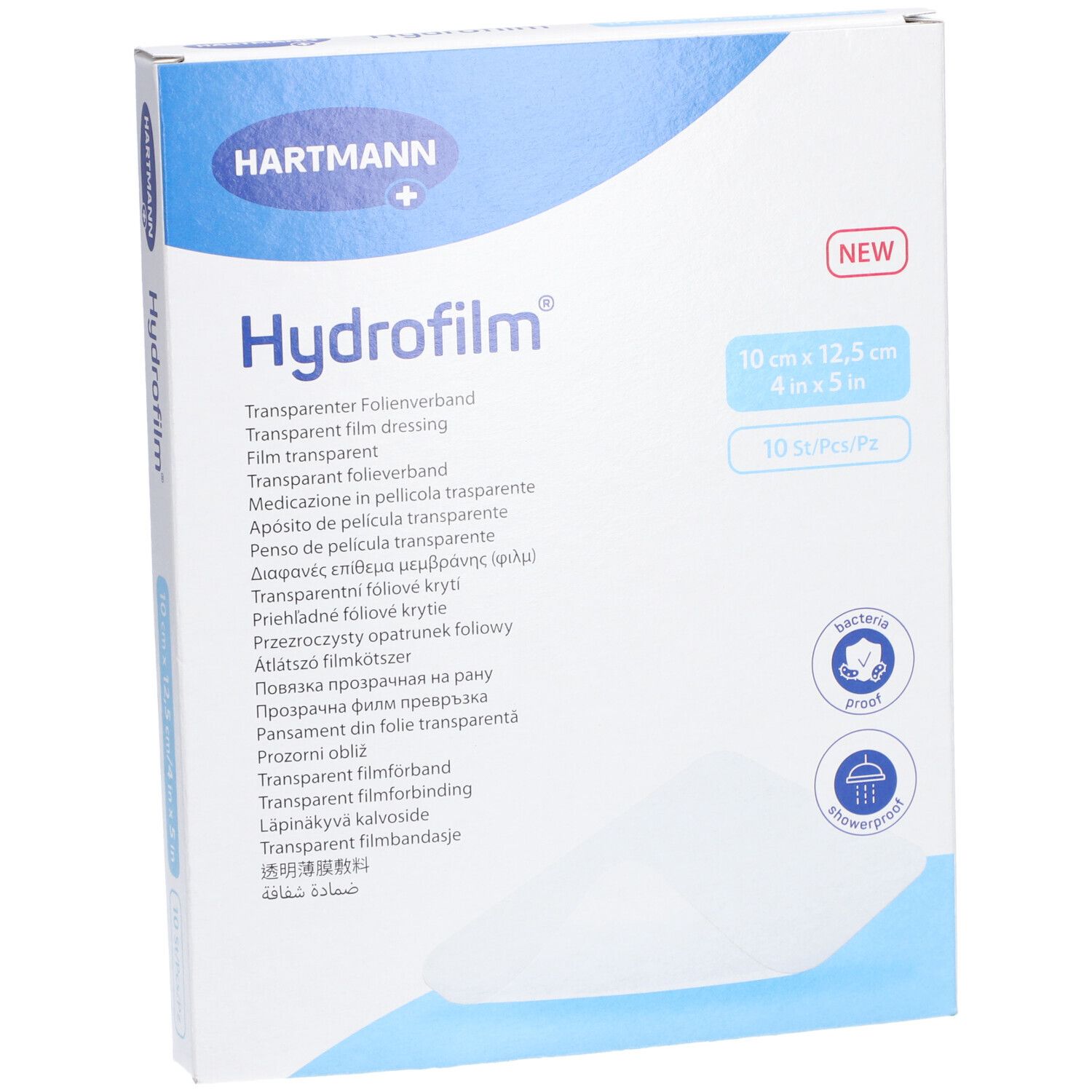 Vorderansicht der Verpackung von HARTMANN Hydrofilm®. Produktname, Größenangabe 10 x 12,5 cm. Enthält 10 Stück. Mit Logo und Eigenschaften.