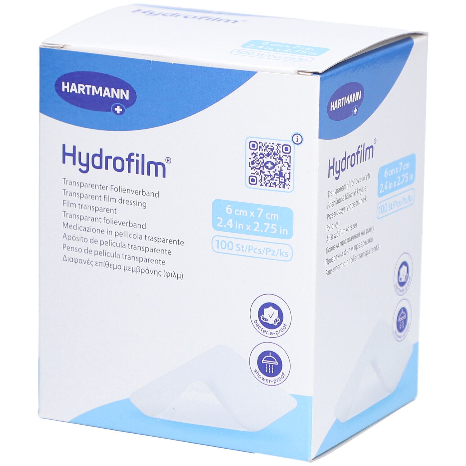 Verpackung von HYDROFILM Folienverband. Größe: 6x7 cm. 100 Stück. Marke HARTMANN. Bakterien- und duschfest.