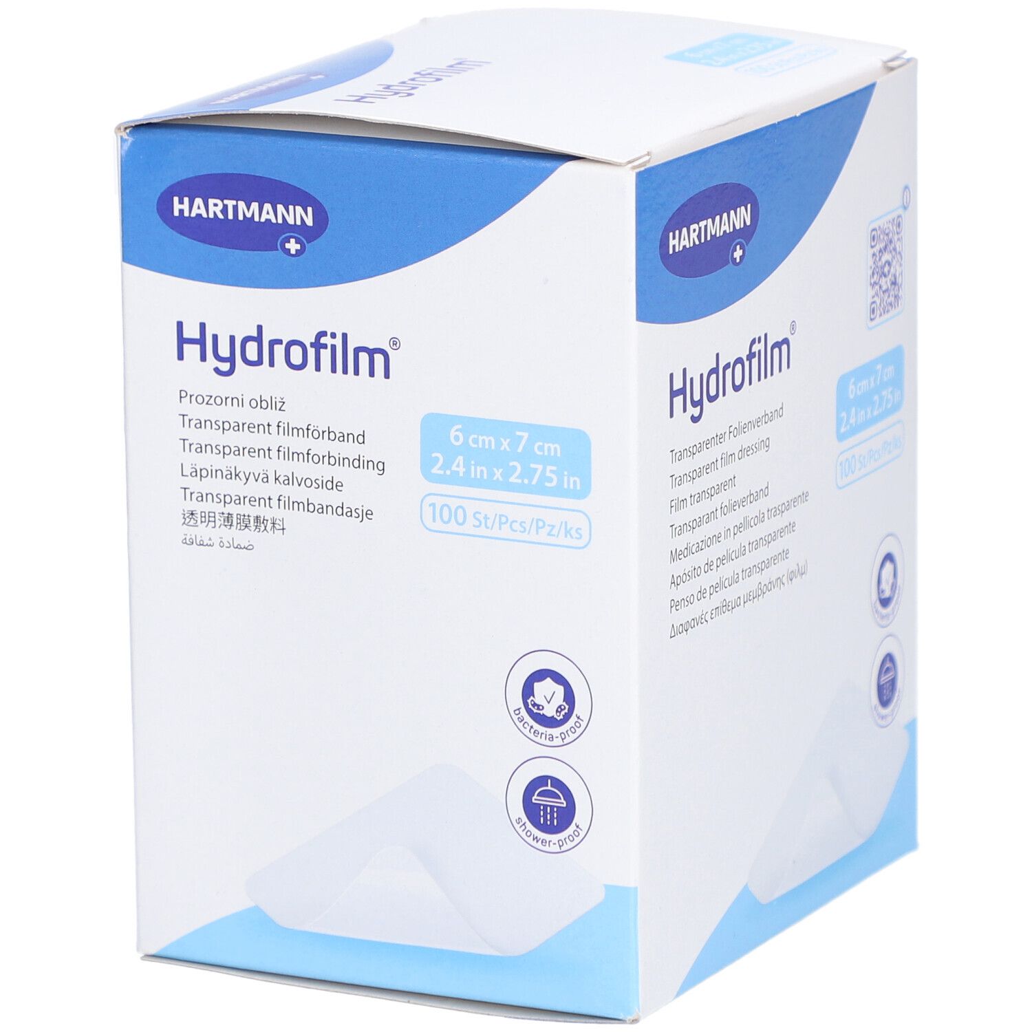 Verpackung von HYDROFILM Folienverband. Größe: 6x7 cm. 100 Stück. Marke HARTMANN. Bakterien- und duschfest.
