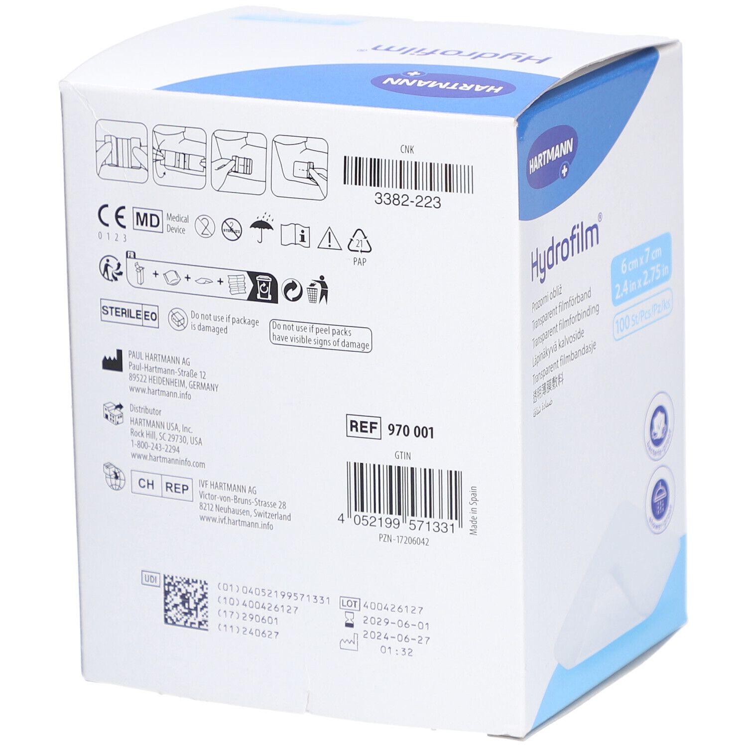 Rückseite der HYDROFILM Verpackung. Enthält Informationen wie Chargennummer, Hersteller und Zertifizierungen.
