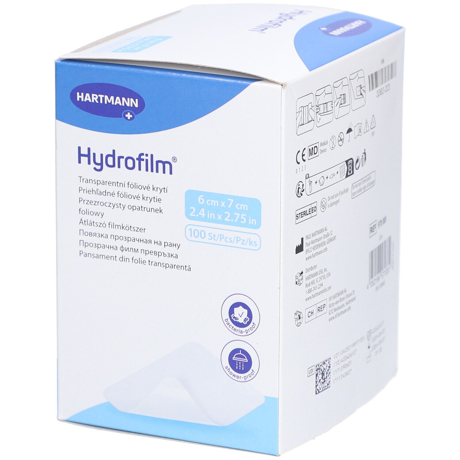 Verpackung von HYDROFILM Folienverband. Größe: 6x7 cm. 100 Stück. Marke HARTMANN. Bakterien- und duschfest.