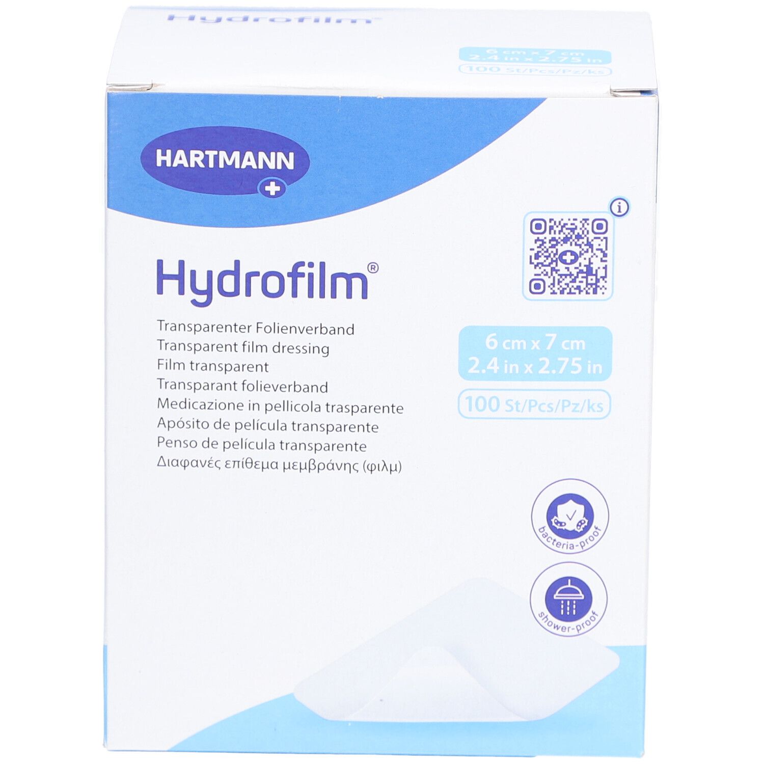 Verpackung von HYDROFILM Folienverband. Größe: 6x7 cm. 100 Stück. Marke HARTMANN. Bakterien- und duschfest.