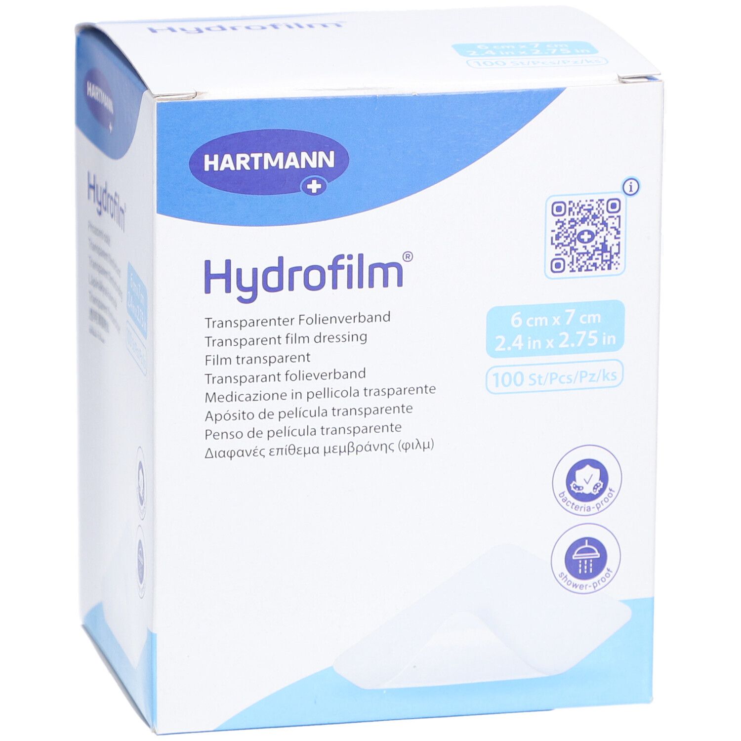 Verpackung von HYDROFILM Folienverband. Größe: 6x7 cm. 100 Stück. Marke HARTMANN. Bakterien- und duschfest.