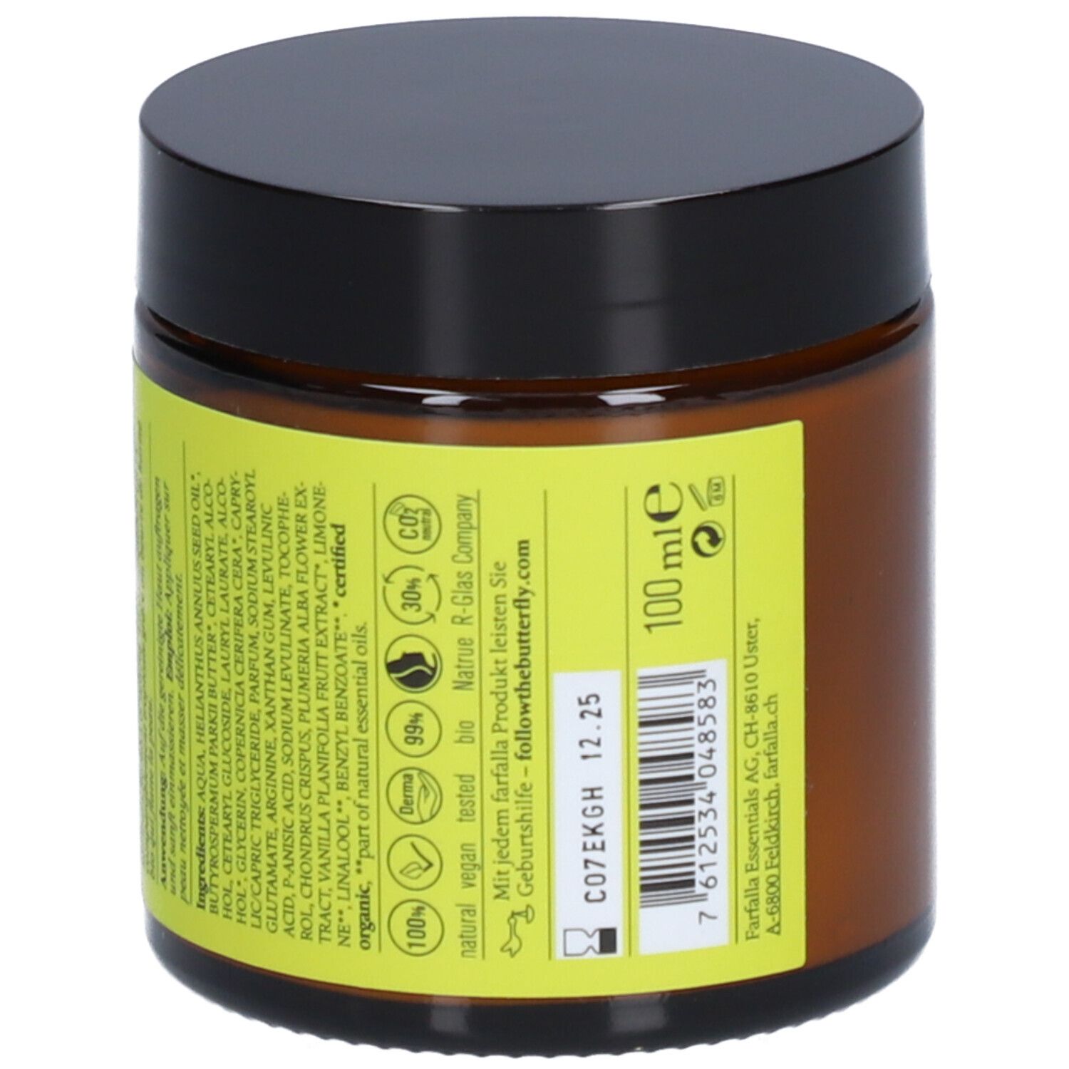 Braune Glasdose mit schwarzem Deckel. Gelbes Etikett mit Text und Zertifizierungen. 100 ml.