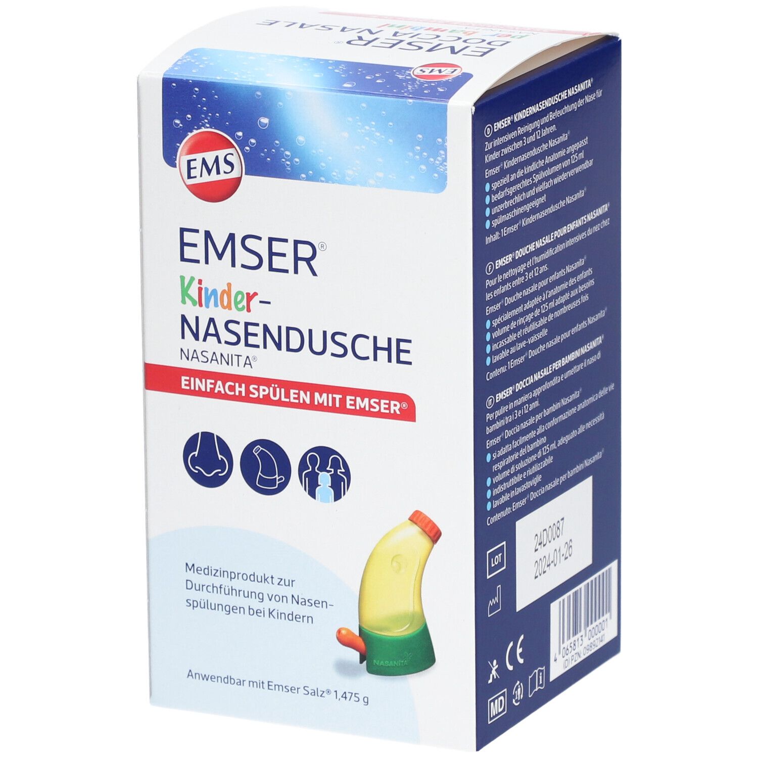 Verpackung von Emser® Kinder-Nasendusche Nasanita®. Weißer Karton mit Produktlogo und Nasendusche-Abbildung. Medizinprodukt.