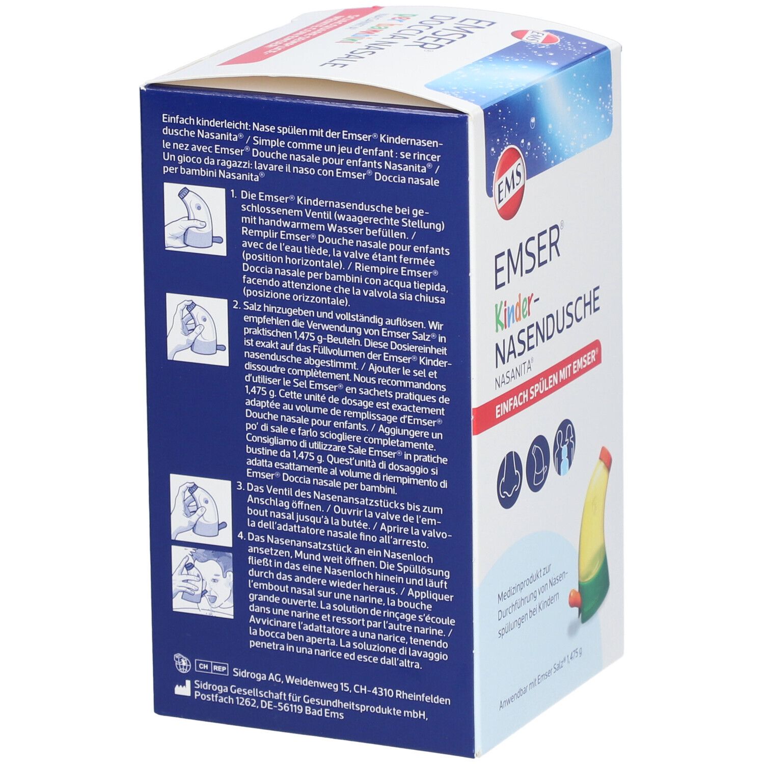 Rückseite der Verpackung von Emser® Kinder-Nasendusche Nasanita®. Text in Deutsch, mit Anwendungsanleitung und Produktinformationen.
