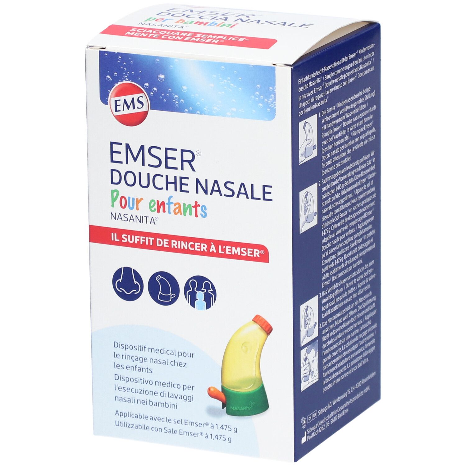 Verpackung von Emser® Douche Nasale Pour enfants Nasanita®. Weißer Karton mit Logo und Nasendusche-Abbildung. Medizinprodukt.