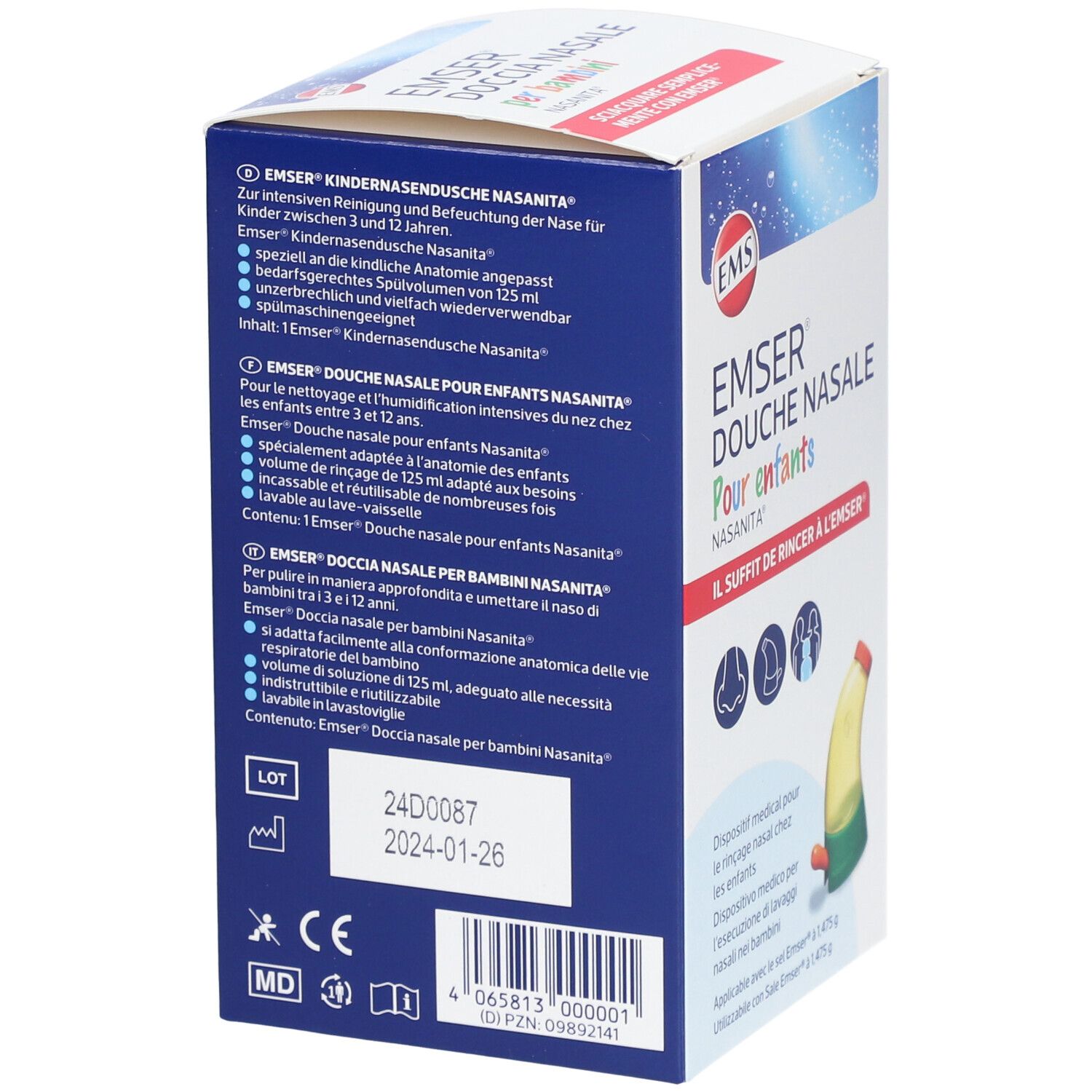 Rückseite der Verpackung von Emser® Douche Nasale Pour enfants Nasanita®. Text in Deutsch, mit Produktinformationen und Anwendungsbereich.