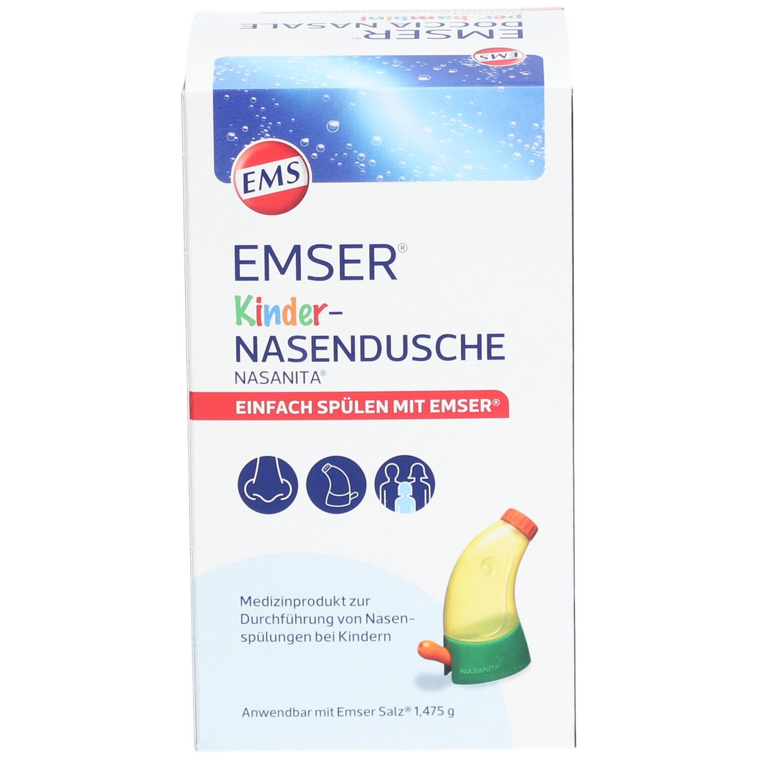 Verpackung von Emser® Kinder-Nasendusche Nasanita®. Weißer Karton mit Logo und Nasendusche-Abbildung. Medizinprodukt für Kinder.